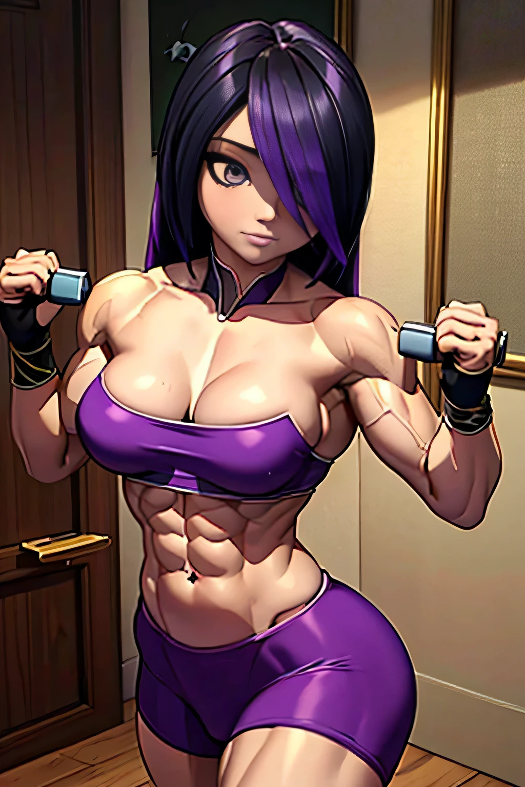 high contrast, (8K UHD:1.2), (photorealistic:1.2),(masterpiece:1.4), (best quality:1.4),extremely detailed wallpaper, highly detailed illustrations, ((1 Girl)) , (super-complex details) official art, unity 8k wallpaper, ultra detailed, beautiful and aesthetic, masterpiece, best quality, ( zentangle, mandala, tangle, entangle), (fractal art:1.3) , masterpiece, , intricate detail,((bulking)),covered body upper body,(body builder:1.7), muscular, bob hair, busty, sexy, curvy, upper , raised hand, armpit, masterpiece, best quality, high quality, high definition, high quality texture, high quality shadow, high detail, beautiful detailed, fine detailed, extremely detailed cg, detailed texture, a realistic representation of the face, realistic, colorful , delicate, cinematic light, side light, Lens Flare, Ray Tracing, tailed beautiful delicate face, detailed beautiful delicate eyes, mature female, long hair, bored, pompadour cut, muscular, toned, navel, ripped abs, thick thighs, broad shoulders, big arm muscles, meaty leg muscles, thick eyelashes, makeup, (( black and purple hair, black-full-top, purple-pajama)), ((showing her back and big ass)).