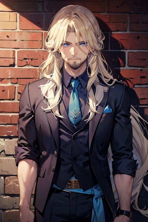 A muscular blonde haired male gentleman with blue eyes with long hair and a dark beard is leaning against a brick wall