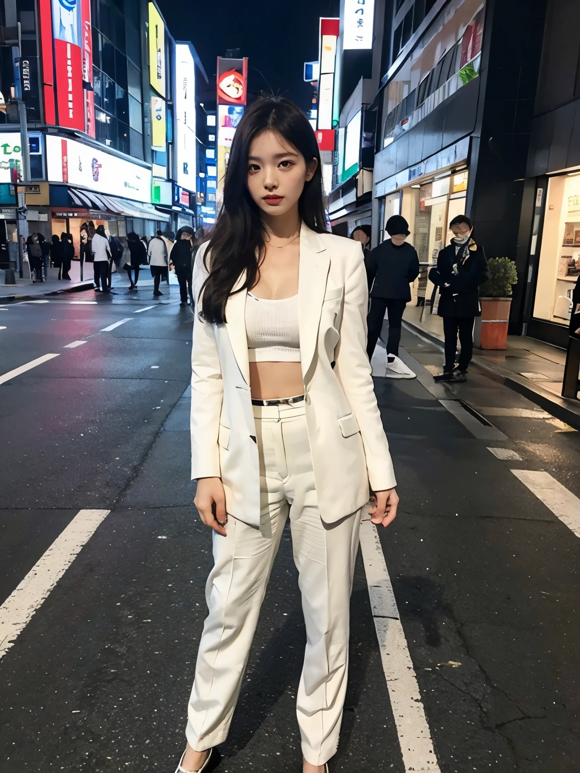 fullbody, Bewitching eyes, well-balanced eyes, //street snap //wearing gucci multicolor setup suit,//breast focus, ((facing viewer)), //at the street tokyo, //japanese lady, pale skin, //droopy eyes,//long hair, //((standing)), high quality:1.3, Professional lighting:2.0 realistic:1.2, 4k resolution, detailed skin, masterpiece:1.1