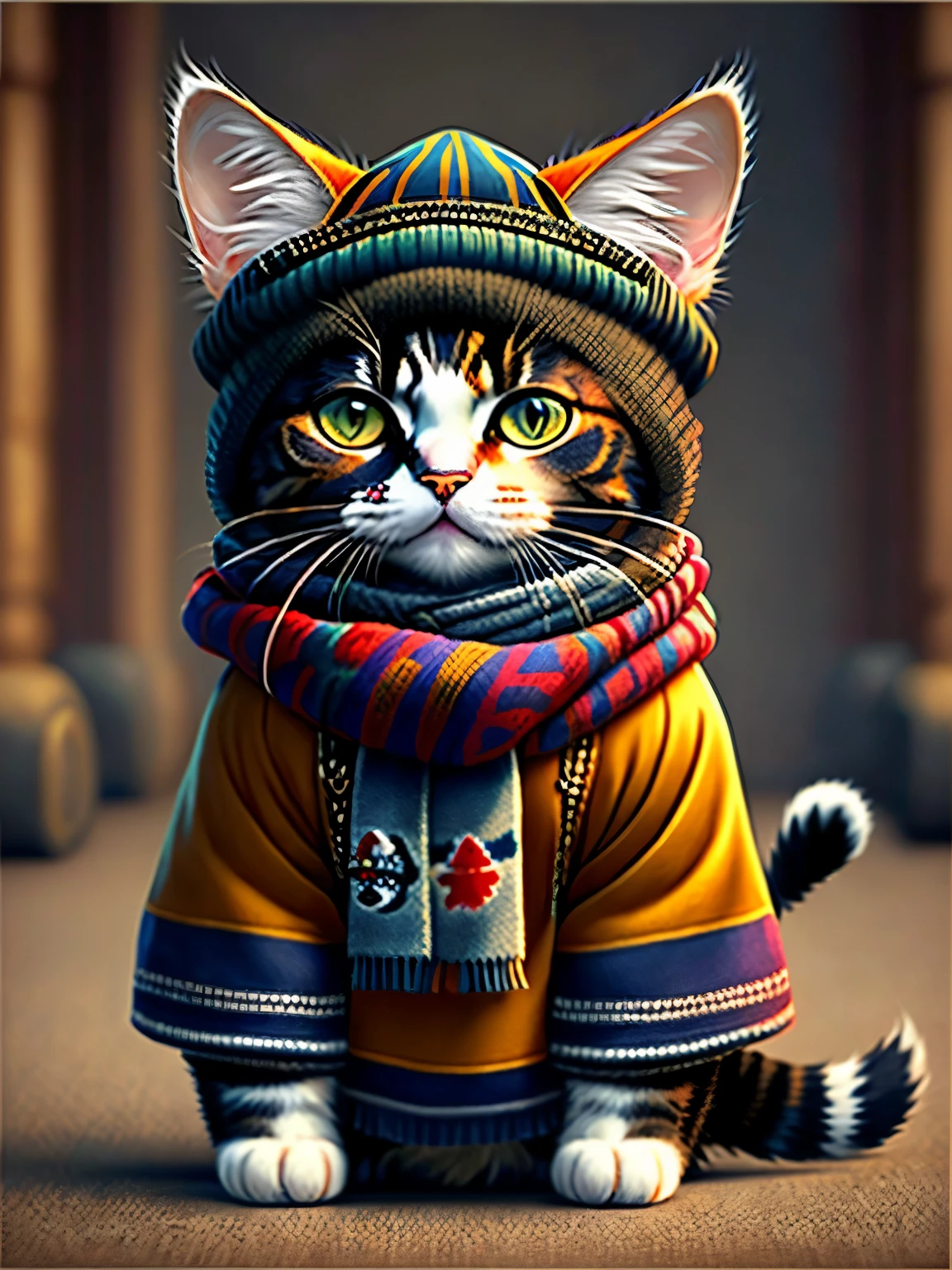 Photo of a cat wearing a hat and scarf、Art Station Trend、Ultra-realistic detail rendering、UK gang members、Urban style、intimidating pose、planet of the cats、Fashion Clothing、Urban Samurai、meow、West Slavic traits、8 1 5