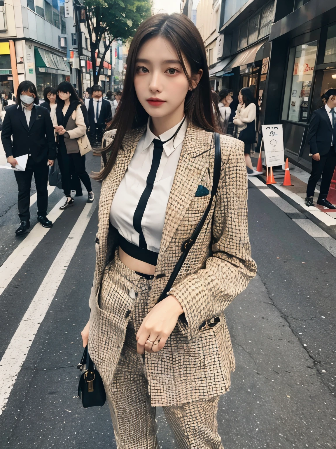 Bewitching eyes, well-balanced eyes, //street snap //wearing gucci multicolor setup suit,//breast focus, ((facing viewer)), //at the street tokyo, //japanese lady, pale skin, //droopy eyes,//long hair, //((standing)), high quality:1.3, Professional lighting:2.0 realistic:1.2, 4k resolution, detailed skin, masterpiece:1.1