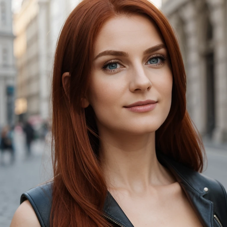 Girl with red hair, in Berlin , wears a dress, weiches, lockiges, intensiv rotes Haar, klare, real green eyes, lange dunkelschwarze echte Wimpern, Perfekt geformte dunkelschwarze echte Augenbrauen, dark caramel brown genuine leather, kurvige Figur, elegant thin real nose, kleine echte Ohren, volle echte Lippen, white real teeth, kleine, weiche, high resolution, Meisterwerk, best quality, komplizierte hohe Detailgenauigkeit, Sehr detailliert, scharfer Fokus, detaillierte Haut, realistische Hautstruktur, echte Hautstruktur, detaillierte Augen, Fachmann, wahres Leben, Fotorealismus, Fotografie, realistic Fotografie, UHD, Foto RAW
