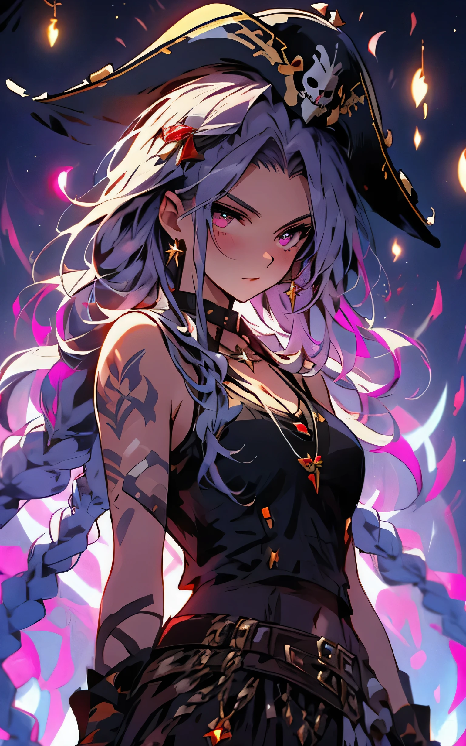 high quality,  pirate hat, a 20-year-old Pirate Maiden with a celestial beauty rivaling the stars, Picture her poised at the helm of a grand pirate ship, her silhouette defined against the shimmering night sky of a crimson moon, brown hair, The vessel itself is a maritime masterpiece, adorned with intricate carvings, polished brass embellishments, and an array of mystical symbols, The Scarlet Moonlit Pirate dons a resplendent ensemble blending midnight blues with silvery hues, adorned with delicate lace and glistening gemstones, A star-like pendant gracefully hangs around her neck, emphasizing her bewitching aura, by yukisakura, high detailed, and She has a crown on her head and it says Melek on it. It says Melek on the crown