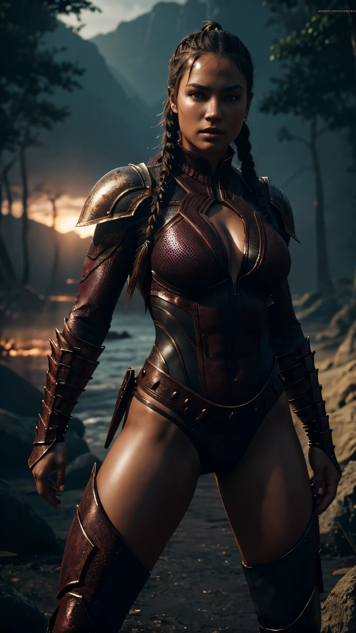 Girl bloodthirsty manhunter muscular rndmln, predator braids, demon armor, dynamic pose, Isolated uninhabited islands at dawn, Dynamic stepping perspective, Medium step, (((Sexy clothes))), ((sexy pose, sexy dressed)), 8K, (skin texture:1.1), (Sweaty body 1.1), (Skin shine 1.1), (highly detailed face:1.1), Highly detailed body, Very detailed clothes), (Realistic Ultra High Definition, 8K, ultra high resolution, film grain, cinematic lighting, Rim lighting, photo by Arnie Freytag