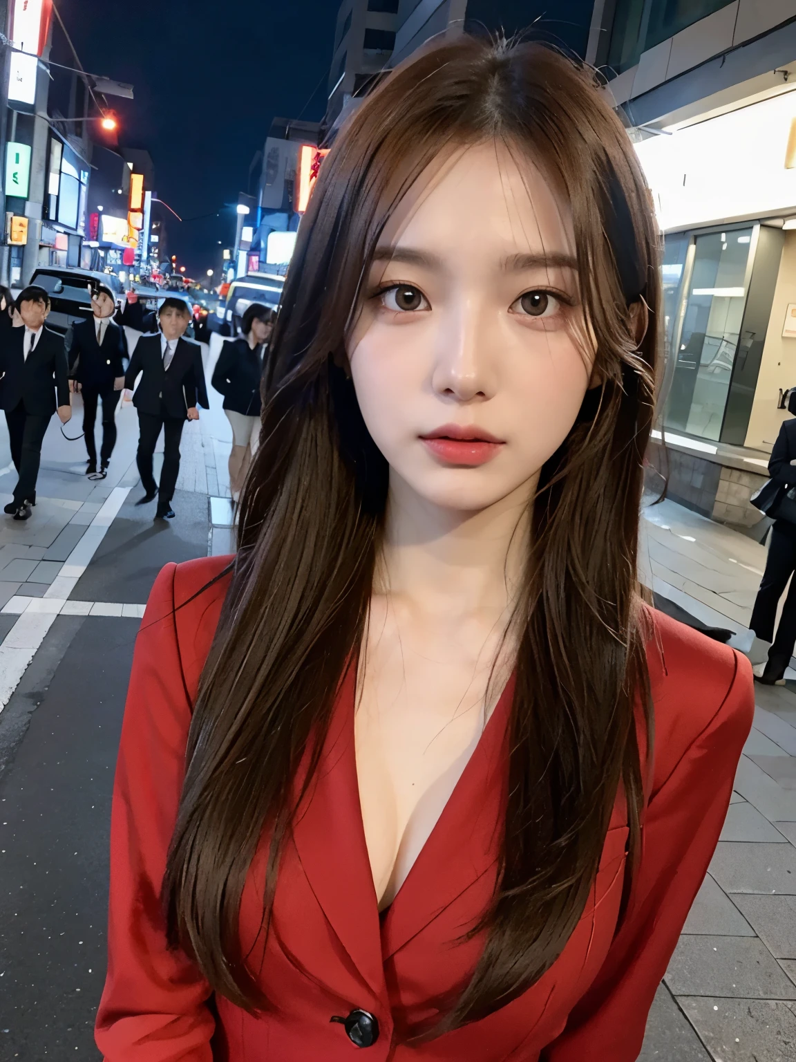 Bewitching eyes, well-balanced eyes, //street snap //wearing gucci red setup suit and shirts,//breast focus, ((facing viewer)), //at the street tokyo, //japanese lady, pale skin, //droopy eyes,//long hair, //((standing)), high quality:1.3, Professional lighting:2.0 realistic:1.2, 4k resolution, detailed skin, masterpiece:1.1