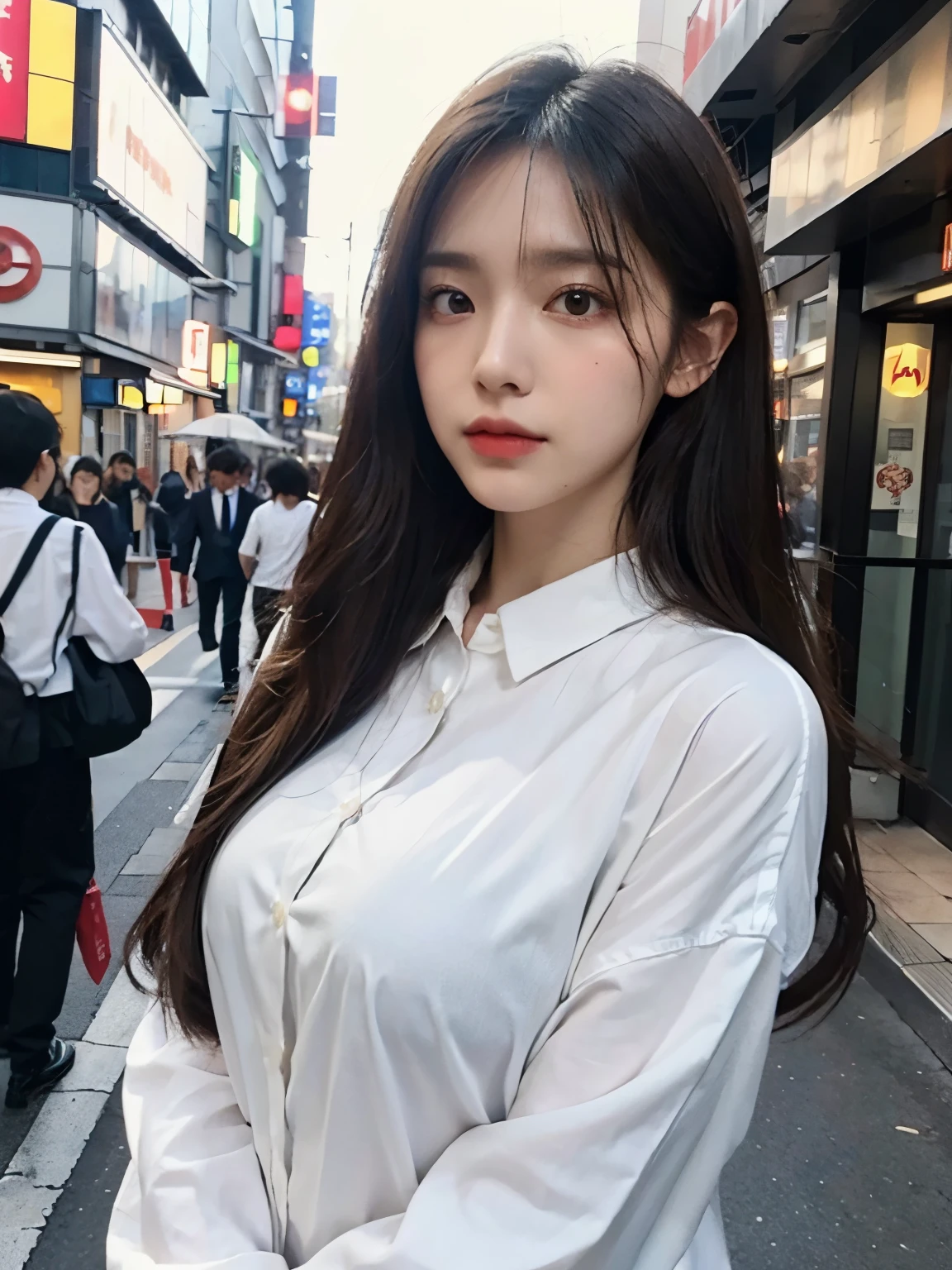 Bewitching eyes, well-balanced eyes, //street snap //wearing gucci red setup suit and shirts,//breast focus, ((facing viewer)), //at the street tokyo, //japanese lady, pale skin, //droopy eyes,//long hair, //((standing)), high quality:1.3, Professional lighting:2.0 realistic:1.2, 4k resolution, detailed skin, masterpiece:1.1