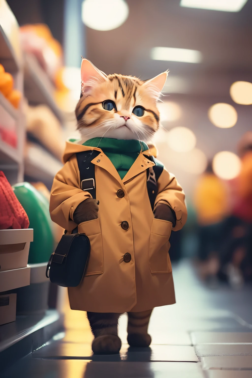 brown cat at chinese super market, masterpiece, high quality, wearing woolen coat, kodak 400, film grain,highly detailed brown cat, high quality cat fur and features, 