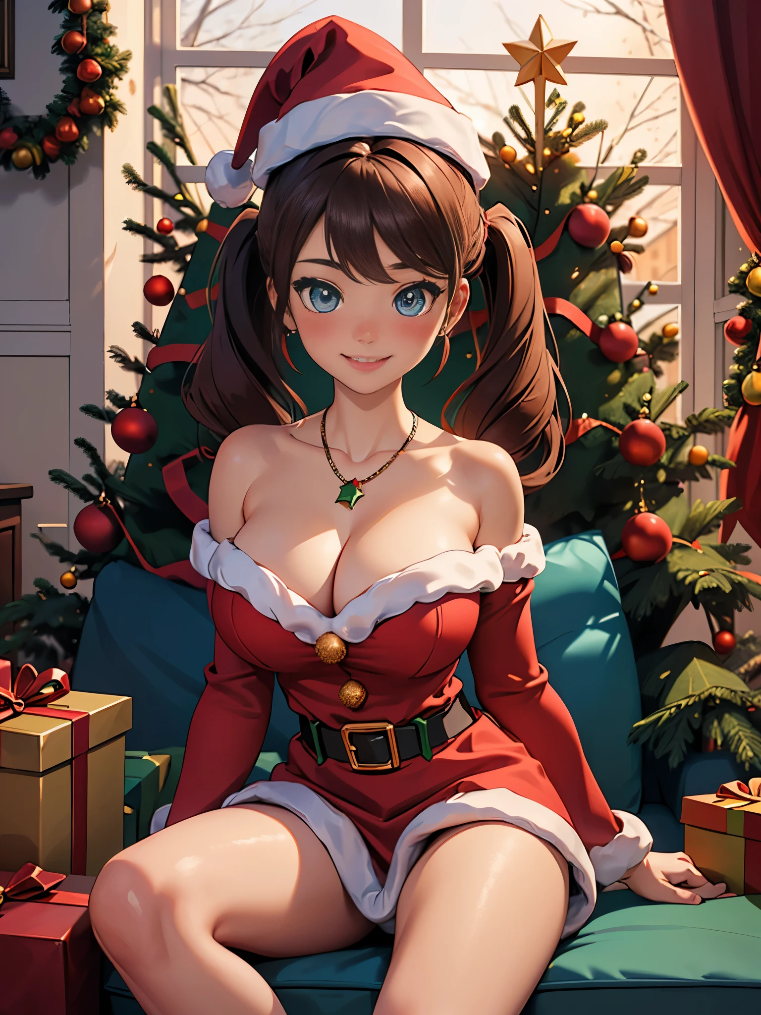 ((masterpiece)), ((best quality)), (ultra-detailed), ((cinematic light)), ((extremely detailed)), (8K), 1 girl, solo, 24 years old, pale skin, long brown hair, twin tails, beautiful face, detailed blue eyes, side ponytail:1.5), beautiful body, beautiful chest, (huge breasts), cleavage, perfect body, ((wearing santa claus costume, symmetrical clothing, red santa claus hat, bare shoulders), christmas necklace), (confident smile), (blush), (sitting on a sofa), half body, (beautiful scenery), indoors, living room, christmas decoration, (christmas tree:1.3),