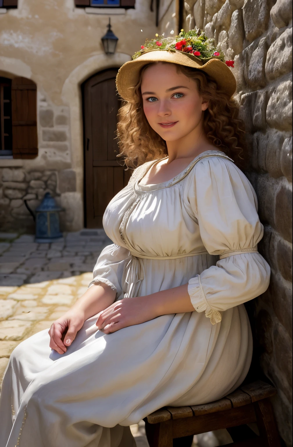 hyper photorealistic, cute peasant woman, in small European village, (45 years), (detailed face and eyeull body portrait, (extremely sexy), Masterpiece, pleasure, nudist, massive breasts, Full figured woman, expression enjoyment, idyllic aura, medieval environment, cinematic lighting, light honey hair, little smile, fine facial traits, Slim physique, (depth of field), ultra detailed, cinematic