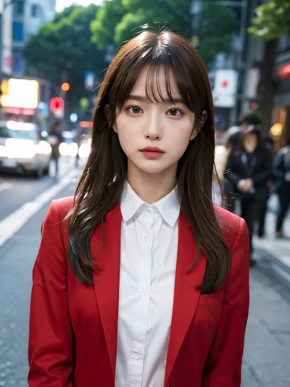 Bewitching eyes, well-balanced eyes, //street snap //wearing gucci red setup suit and shirts,//breast focus, ((facing viewer)), //at the street tokyo, //japanese lady, pale skin, //droopy eyes,//long hair, //((standing)), high quality:1.3, Professional lighting:2.0 realistic:1.2, 4k resolution, detailed skin, masterpiece:1.1