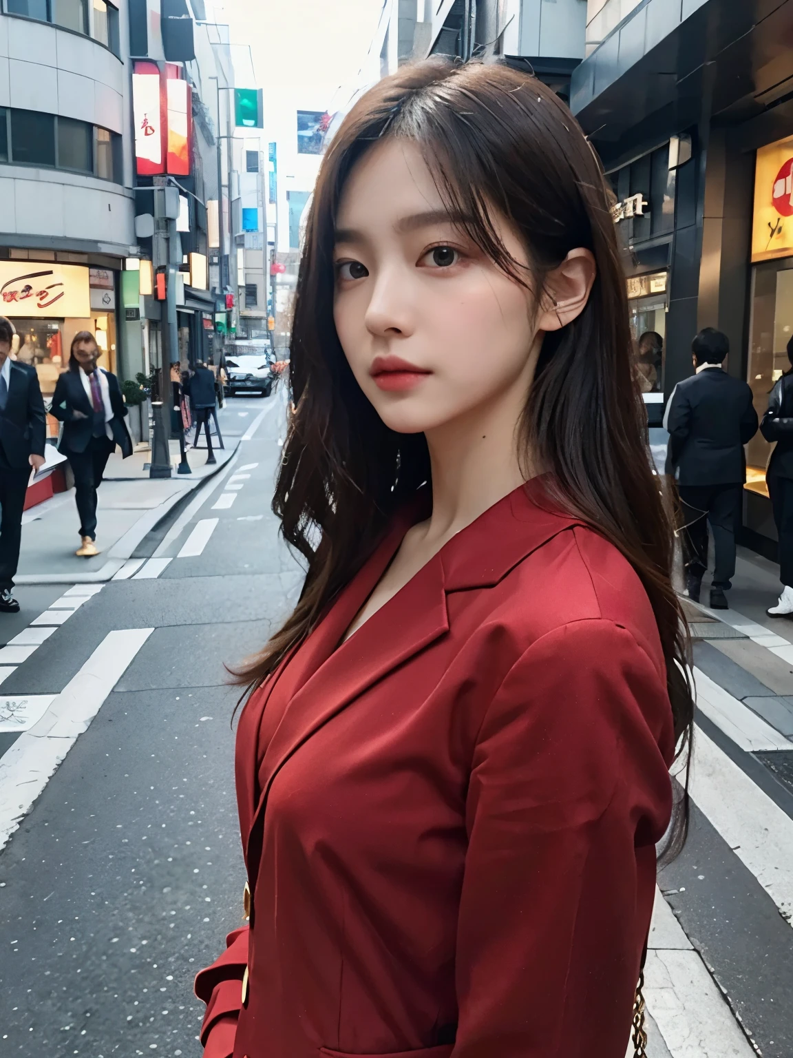 Bewitching eyes, well-balanced eyes, //street snap //wearing gucci red setup suit and shirts,//breast focus, ((facing viewer)), //at the street tokyo, //japanese lady, pale skin, //droopy eyes,//long hair, //((standing)), high quality:1.3, Professional lighting:2.0 realistic:1.2, 4k resolution, detailed skin, masterpiece:1.1