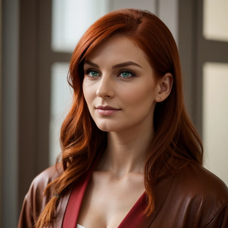 Girl with red hair, im Bad, kosmetikprodukte Ringana, wears a bathrobe, weiches, lockiges, intensiv rotes Haar, klare, real green eyes, lange dunkelschwarze echte Wimpern, Perfekt geformte dunkelschwarze echte Augenbrauen, dark caramel brown genuine leather, kurvige Figur, elegant thin real nose, kleine echte Ohren, volle echte Lippen, white real teeth, kleine, weiche, high resolution, Meisterwerk, best quality, komplizierte hohe Detailgenauigkeit, Sehr detailliert, scharfer Fokus, detaillierte Haut, realistische Hautstruktur, echte Hautstruktur, detaillierte Augen, Fachmann, wahres Leben, Fotorealismus, Fotografie, realistic Fotografie, UHD, Foto RAW