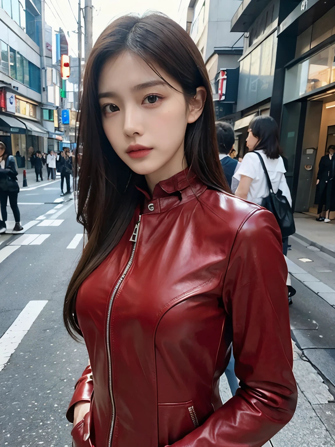Bewitching eyes, well-balanced eyes, //street snap //wearing gucci red setup leather suit and shirts,//breast focus, ((facing viewer)), //at the street tokyo, //japanese lady, pale skin, //droopy eyes,//long hair, //((standing)), high quality:1.3, Professional lighting:2.0 realistic:1.2, 4k resolution, detailed skin, masterpiece:1.1