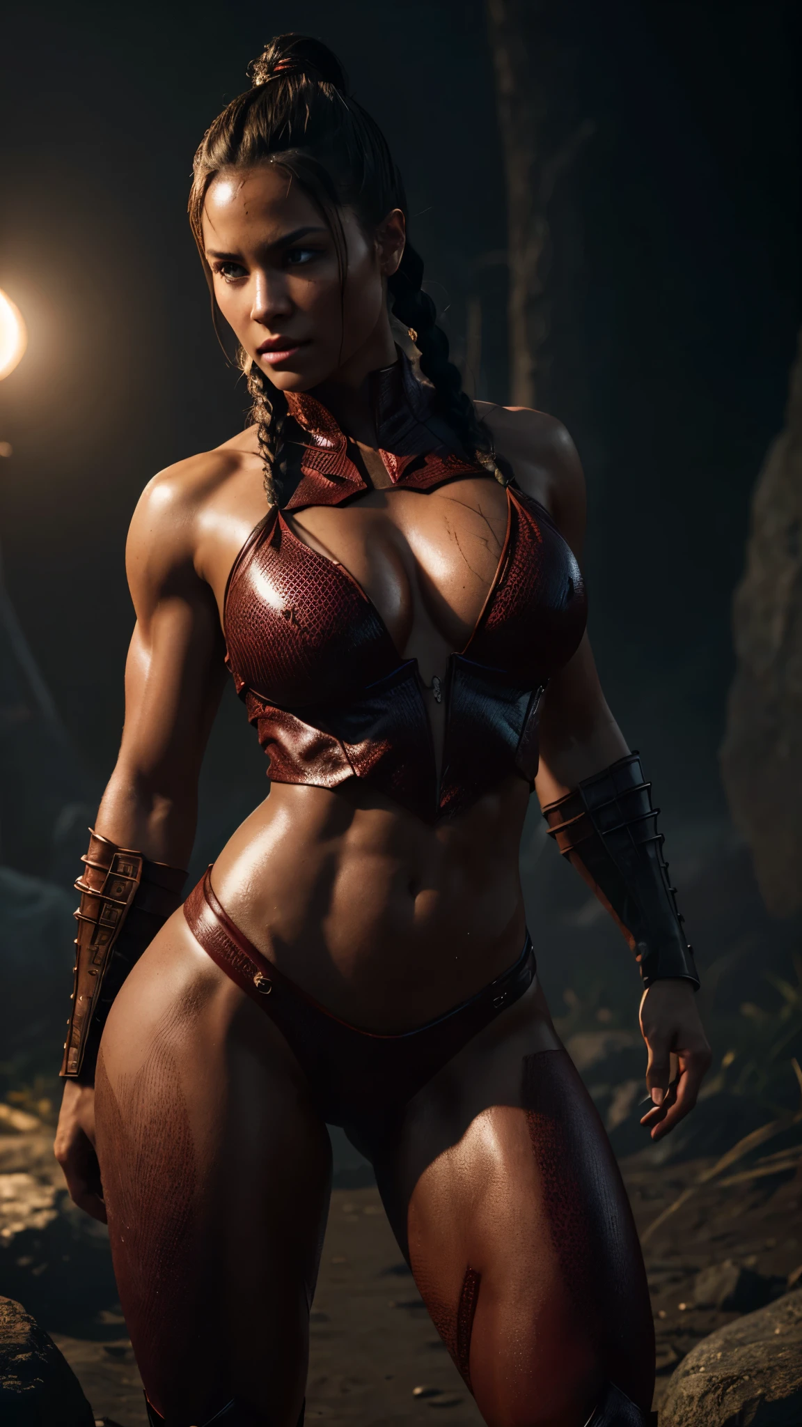 Girl bloodthirsty manhunter muscular rndmln, predator braids, demon armor, dynamic pose, Isolated uninhabited islands at dawn, Dynamic stepping perspective, Medium step, (((Sexy clothes))), ((sexy pose, sexy dressed)), 8K, (skin texture:1.1), (Sweaty body 1.1), (Skin shine 1.1), (highly detailed face:1.1), Highly detailed body, Very detailed clothes), (Realistic Ultra High Definition, 8K, ultra high resolution, film grain, cinematic lighting, Rim lighting, photo by Arnie Freytag