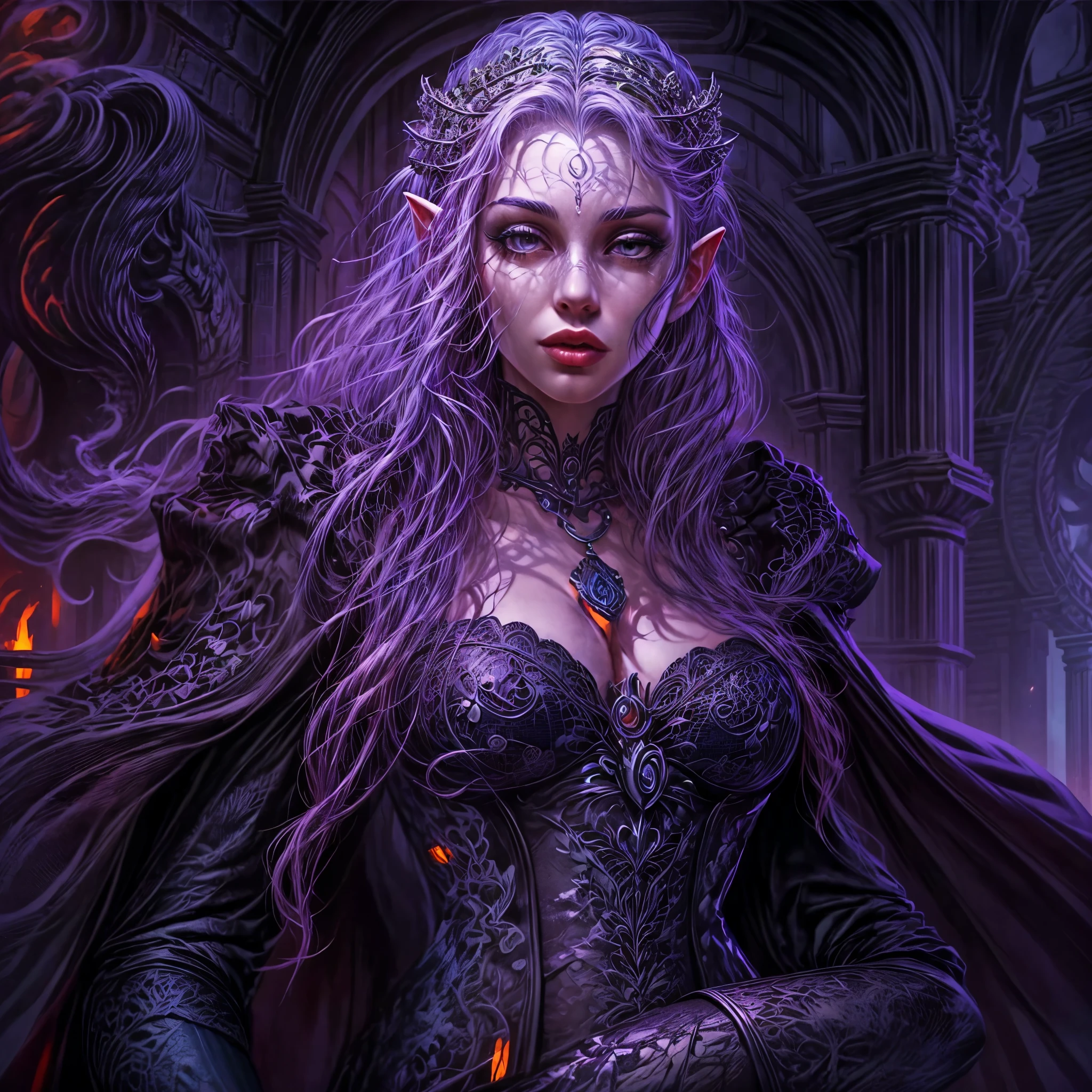 fantasy art, gothic art, (masterpiece:1.5), full body best details, highly detailed, best quality, Glowing Purple, highres, full body portrait of a vampire, elf (Masterpiece, best quality: 1.6), ultra feminine, wizard, (intricate details, Masterpiece, best quality: 1.5) with a long curvy hair, light color hair, blue eyes, (fantasy art, Masterpiece, best quality), ((beautiful delicate face)), Ultra Detailed Face (intricate details, fantasy art, Masterpiece, best quality: 1.5), [[vampiric fangs 1.5]] (red cloak: 1.3) , flowing cloak (intricate details, fantasy art, Masterpiece, best quality: 1.3), wearing an intricate black dress (intricate details, fantasy art, Masterpiece, best quality: 1.5), high heeled boots, urban background (intense details, beat details), fantasy, at night light, natural ,moon light, clouds, gothic atmosphere, soft light, dynamic light, [[anatomically correct]], high details, best quality, 8k, [ultra detailed], masterpiece, best quality, (extremely detailed), dynamic angle