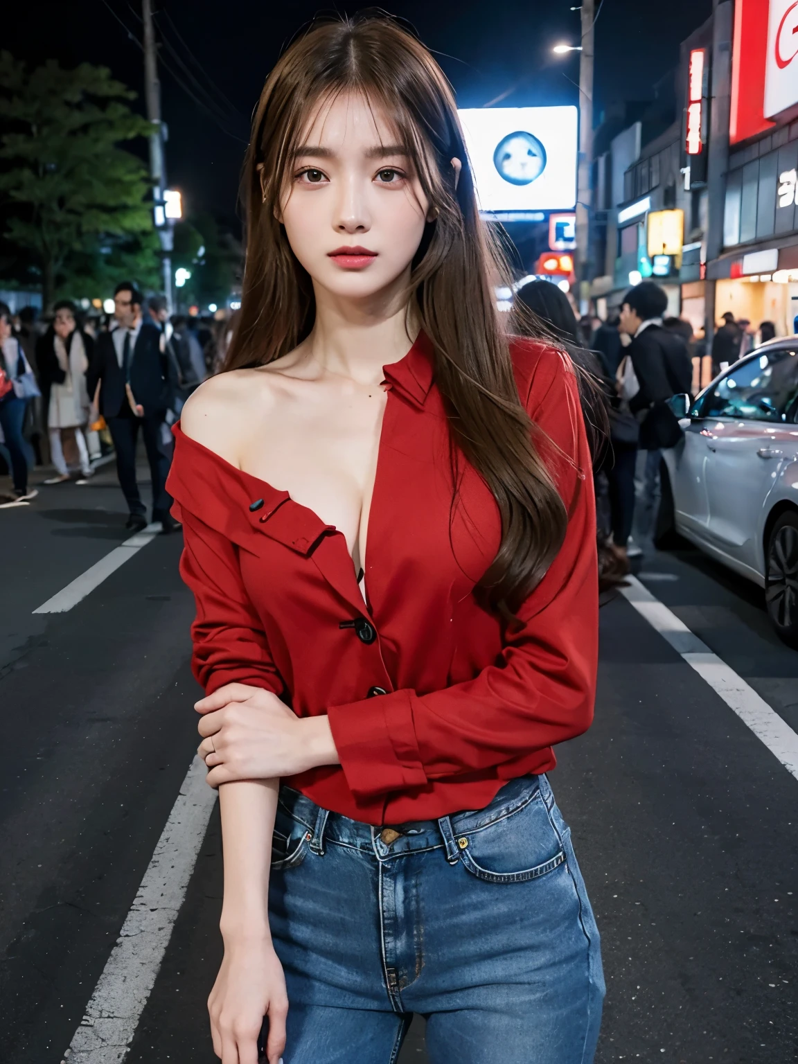 Bewitching eyes, well-balanced eyes, //street snap //wearing gucci red setup jeans suit and shirts,//breast focus, ((facing viewer)), //at the street tokyo, //japanese lady, pale skin, //droopy eyes,//long hair, //((standing)), high quality:1.3, Professional lighting:2.0 realistic:1.2, 4k resolution, detailed skin, masterpiece:1.1