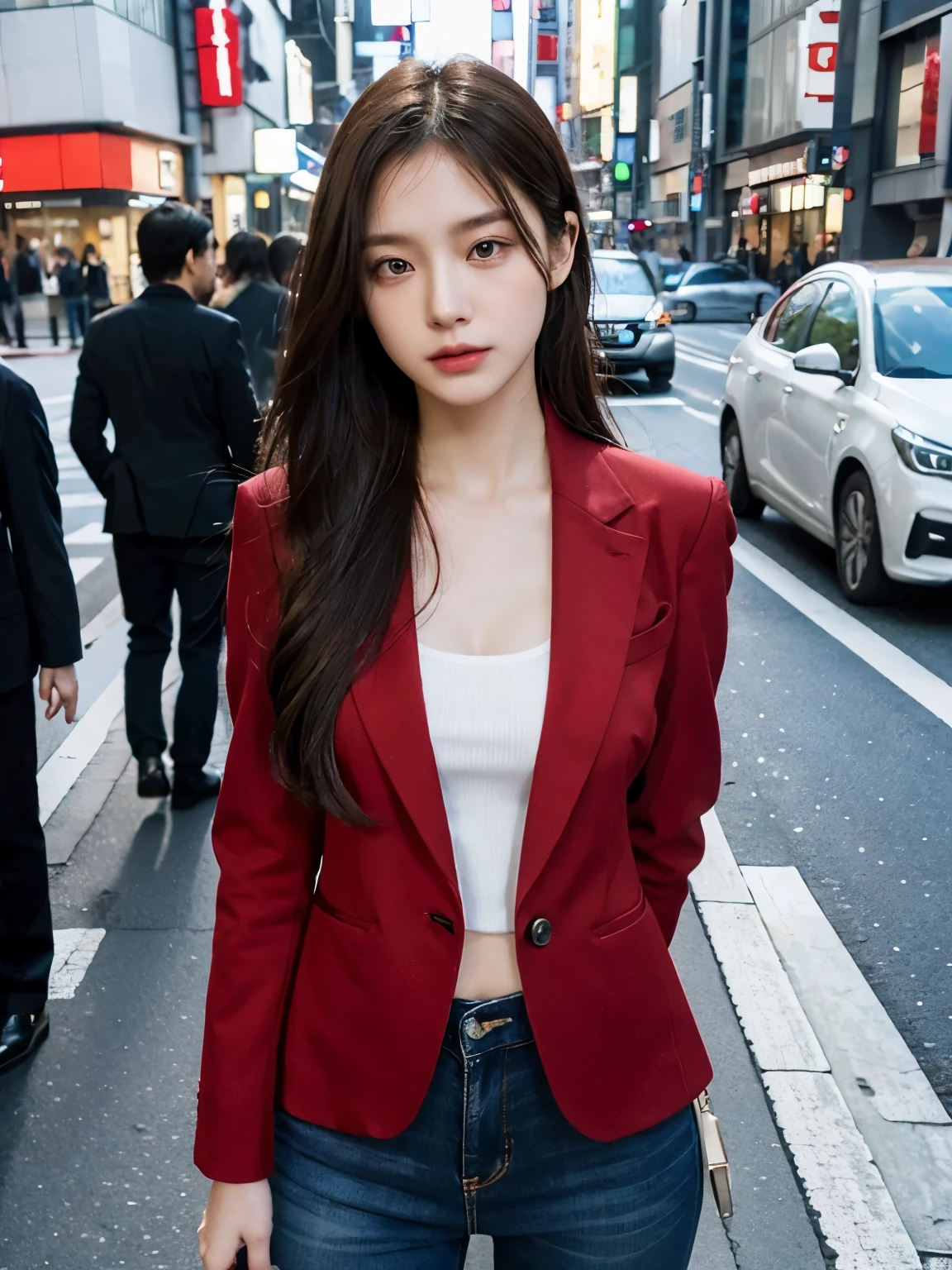 fashion model posing, fullbody, Bewitching eyes, well-balanced eyes, //street snap //wearing gucci red setup suit,//breast focus, ((facing viewer)), //at the street tokyo, //japanese lady, pale skin, //droopy eyes,//long hair, //((standing)), high quality:1.3, Professional lighting:2.0 realistic:1.2, 4k resolution, detailed skin, masterpiece:1.1