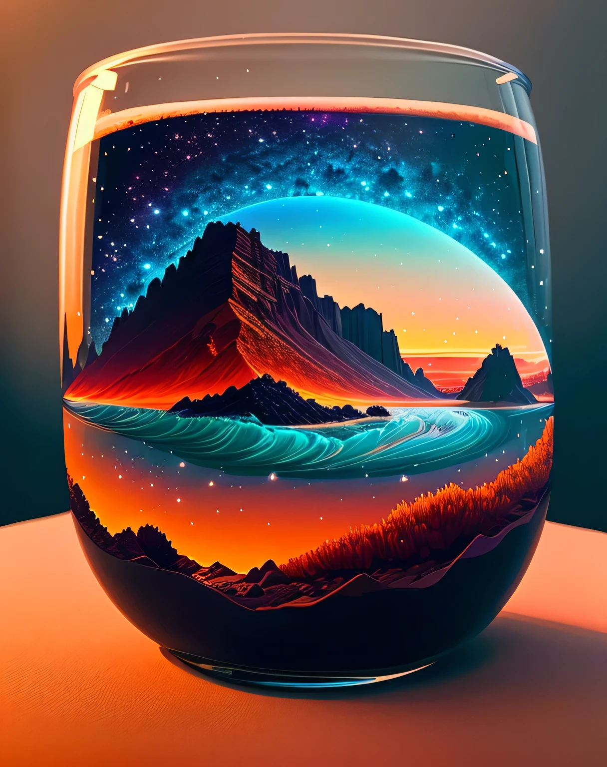 Una hermosa tierra llena de agua y lava., intrincado, Obra maestra, experto, incredibly detailed, 4k, componiendo, Enmarcar, Centrado, symmetry, Pintado, intrincado, volumetric lighting, hermoso, rich deep colors Obra maestra, Sharp focus, Ultra detallado, Al estilo de Dan Mumford y Marc Simonetti, astrophotography