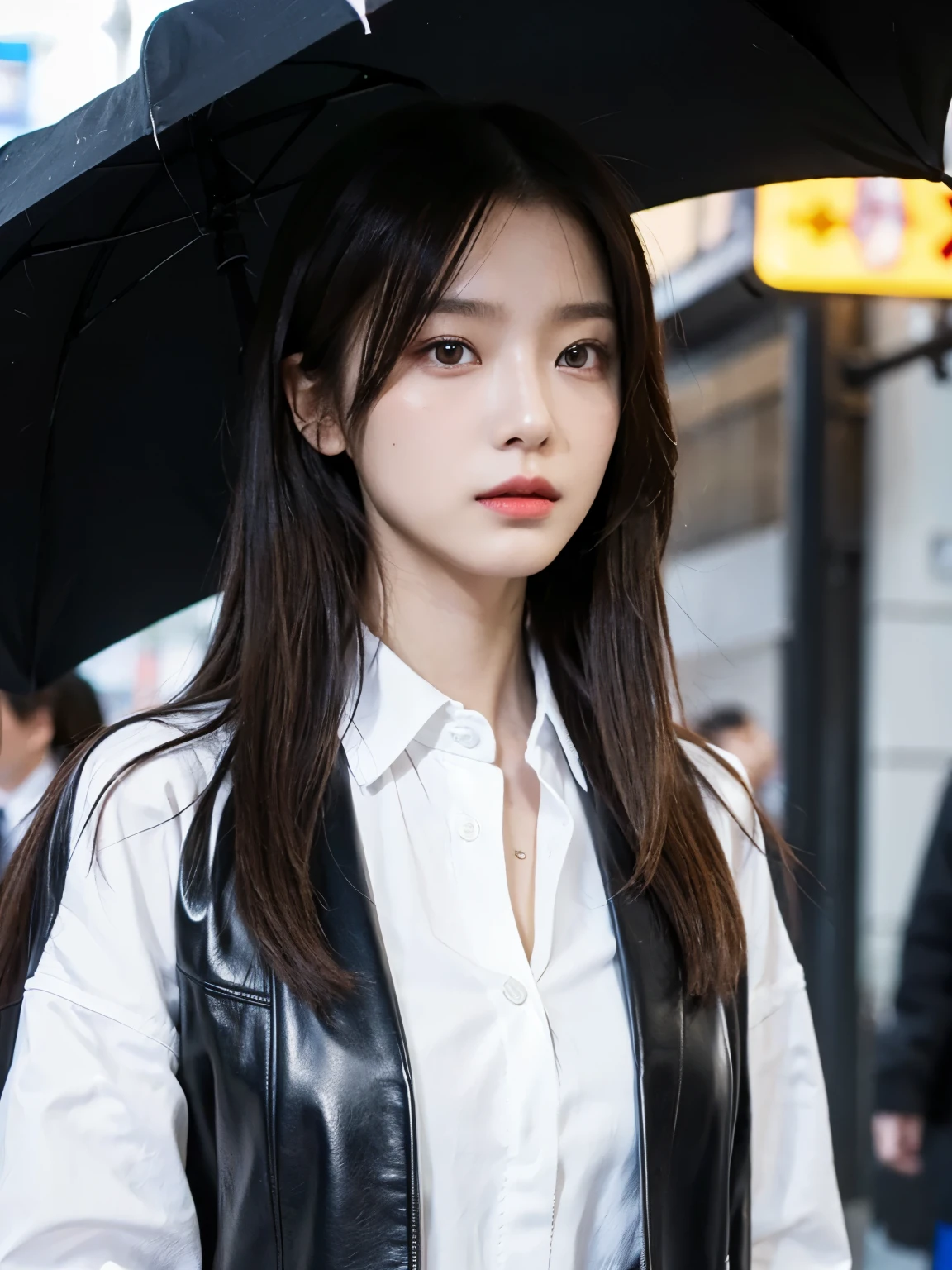 Bewitching eyes, well-balanced eyes, //street snap //wearing gucci black setup leather suit and shirts,//breast focus, ((facing viewer)), //at the street tokyo, //japanese lady, pale skin, //droopy eyes,//long hair, //((standing)), high quality:1.3, Professional lighting:2.0 realistic:1.2, 4k resolution, detailed skin, masterpiece:1.1