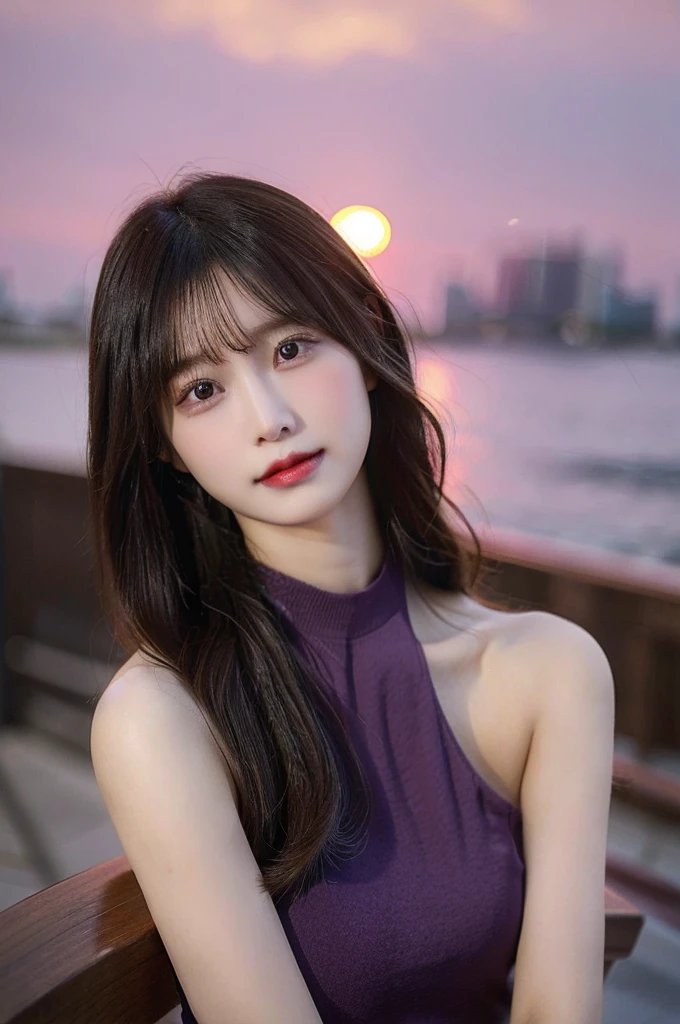 Long hair to waist,Chinese beauty,20 years old,Height 160,Weight 40kg,fairer complexion,Oval face,Deep facial features,Wearing a purple one-piece low-cut skirt,Hair color pink,Smile,Half body photo,Beach sunset in the background