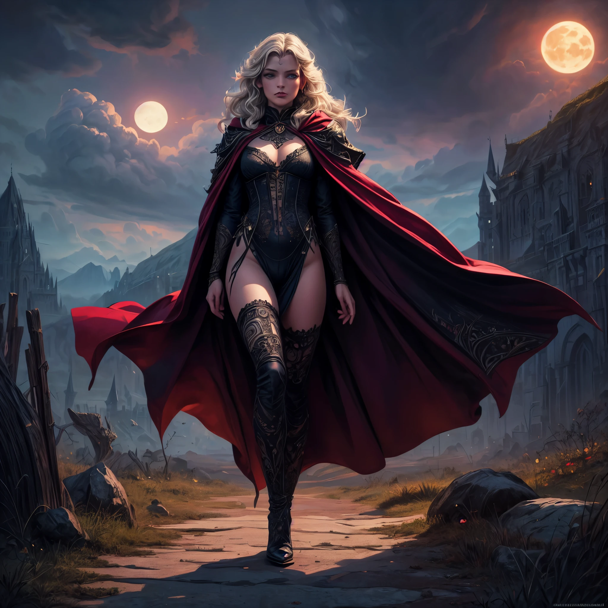 fantasy art, gothic art, (masterpiece:1.5), full body best details, highly detailed, best quality, Glowing Purple, highres, full body portrait of a vampire, elf (Masterpiece, best quality: 1.6), ultra feminine, wizard, (intricate details, Masterpiece, best quality: 1.5) with a long curvy hair, light color hair, blue eyes, (fantasy art, Masterpiece, best quality), ((beautiful delicate face)), Ultra Detailed Face (intricate details, fantasy art, Masterpiece, best quality: 1.5), [[vampiric fangs 1.5]] (red cloak: 1.3) , flowing cloak (intricate details, fantasy art, Masterpiece, best quality: 1.3), wearing an intricate black dress (intricate details, fantasy art, Masterpiece, best quality: 1.5), high heeled boots, urban background (intense details, beat details), fantasy, at night light, natural ,moon light, clouds, gothic atmosphere, soft light, dynamic light, [[anatomically correct]], high details, best quality, 8k, [ultra detailed], masterpiece, best quality, (extremely detailed), dynamic angle