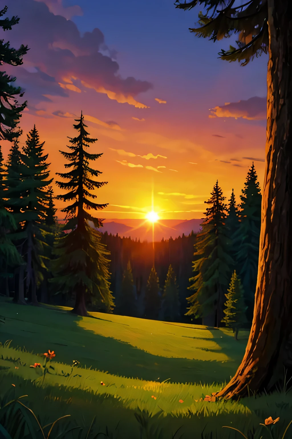 sol se pondo no horizonte de uma floresta em estilo cartoon