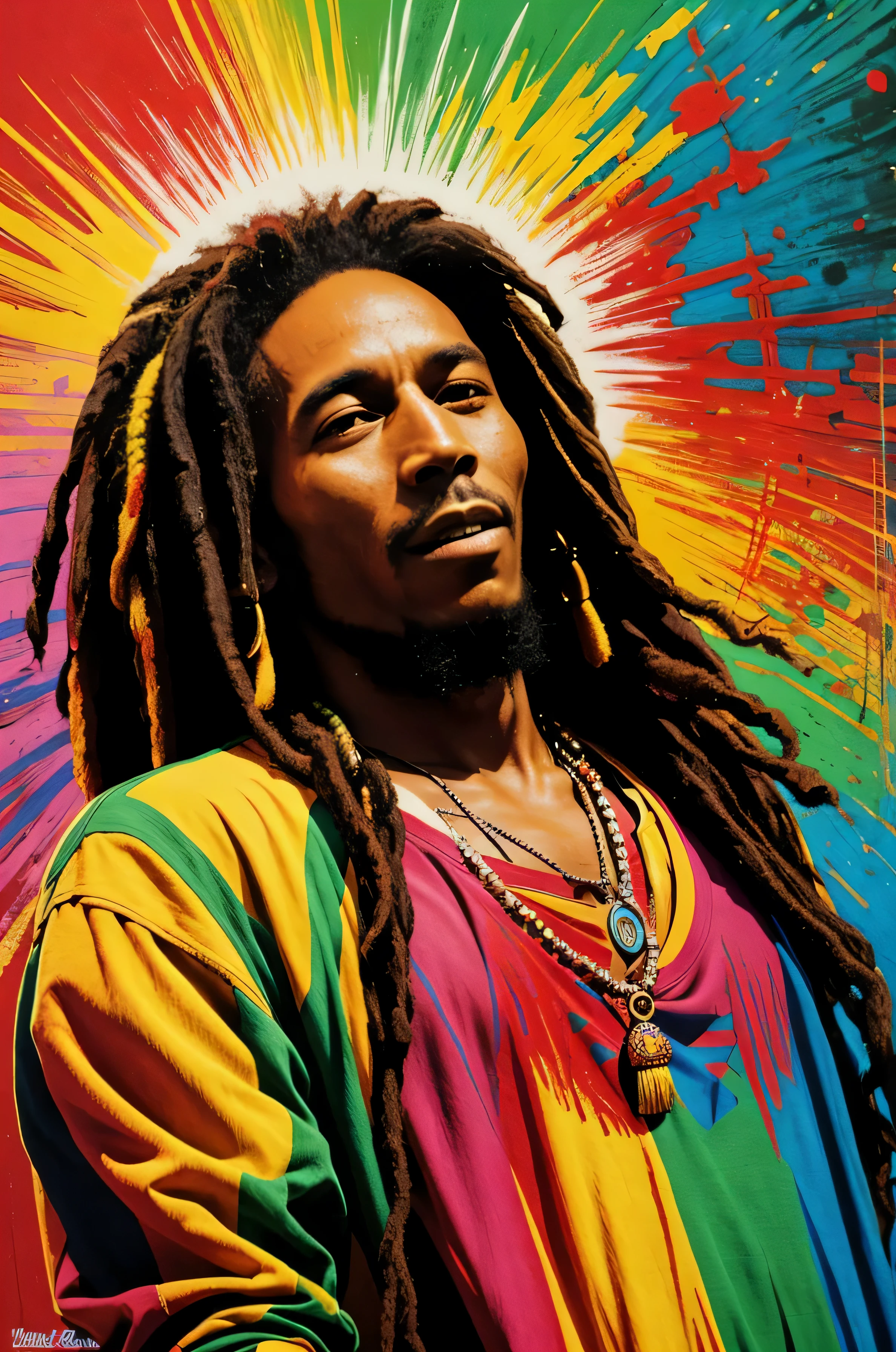 "A lenda do reggae Bob Marley em uma arte vibrante e cativante, fumando maconha"