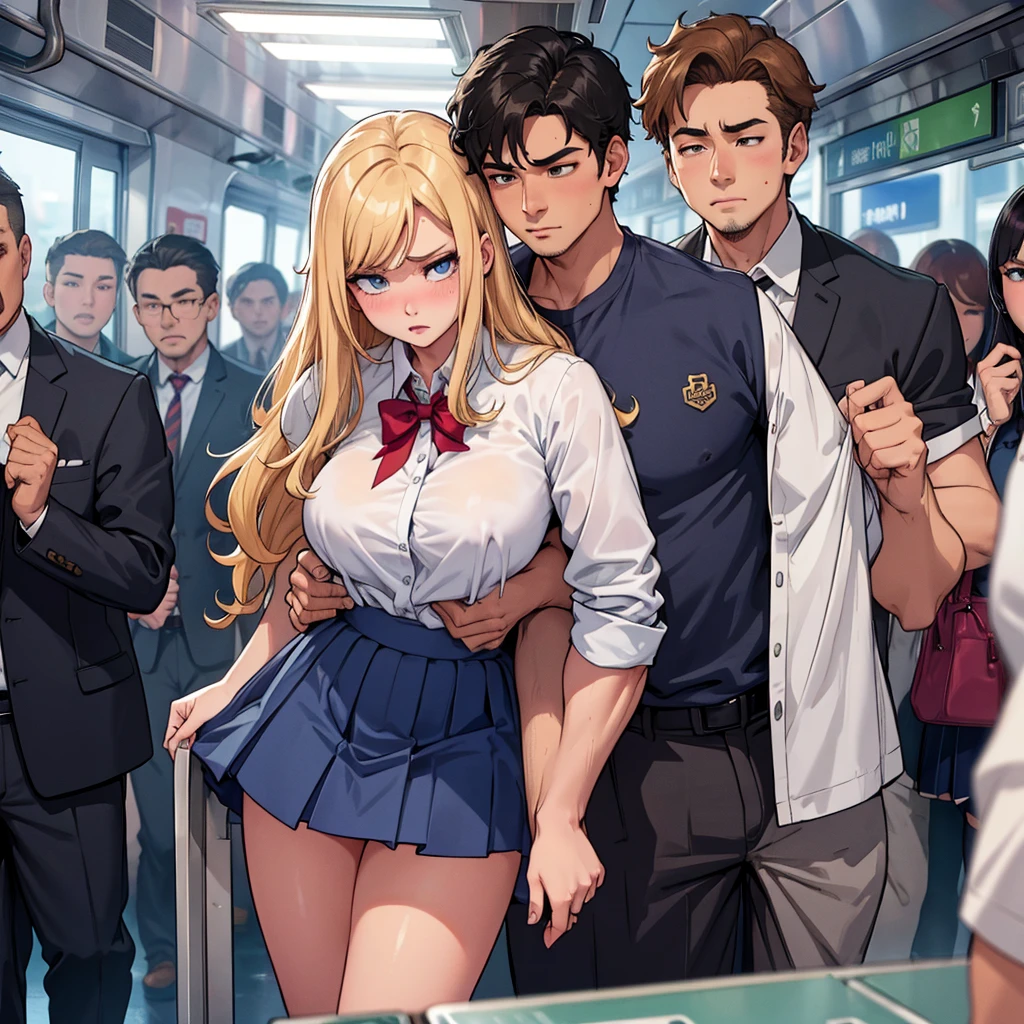 1Man girl、top-quality、超A high resolution、Colossal tits、breastsout、Wavy blonde hair、Picture-perfect face、、Beautiful expression、beauitful face、beautidful eyes、High School Uniforms、Schoolgirl Uniform、a miniskirt、White T-Pack、beauty legs、Subway train interior background、In a crowded train、(Lots of men on the train、Male molesters、Molestation on the train)、(((( Man standing behind schoolgirl、A man lifts a skirt from behind a schoolgirl、A man grabs a schoolgirl buttocks from behind、A man grabs a schoolgirl's chest from behind、Touching the chest))))、(insertion(SEX) 、Ejaculation on the body、Massive ejaculation)、fear expression、blushed face、
