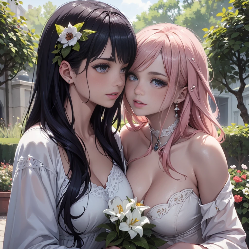 (best quality,4k,8k,highres,masterpiece:1.2),ultra-detailed,realistic:1.37,portrait,beautiful detailed eyes,beautiful detailed lips,extremely detailed eyes and face,long eyelashes,lovely appearance,romantic garden scene,happy and lively atmosphere,soft sunlight filtering through trees,flowers in vibrant colors,delicate and flowing dresses,playful pose,gentle breeze,cheerful smiles,blushing cheeks,subtle makeup,affectionate kisses between the two girls,passionate emotions,deep and intense connection between them,feminine curves,perfectly proportioned bodies,graceful movements,stunning visual impact,impeccable attention to detail,exquisite texture and brushwork,oil painting style,thick brushstrokes,rich and harmonious color palette,subtle variations in skin tones,natural and lifelike shading,sublime beauty captured on canvas