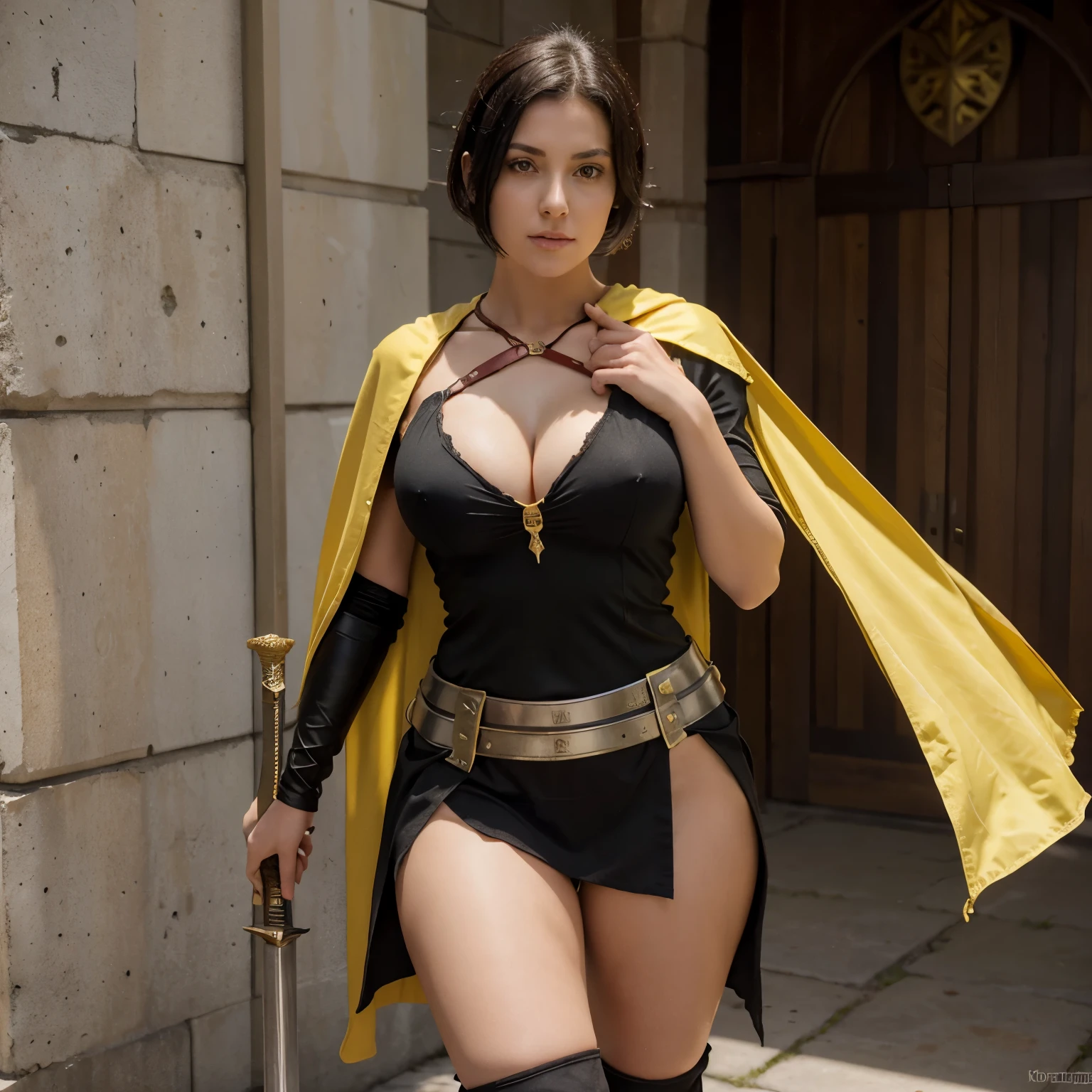 Young woman, knight, paladin, red and white tunic, yellow cloak, black skirt, short black hair, yellow eyes, medium breasts, cleavage, athletic, exposed thighs, metal boots, sword, metal gauntlet, stoic, perfect body, torn clothing, pale skin