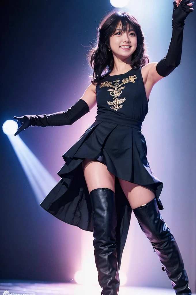 (masterpiece, realistic, ultra high resolution, highest quality: 1.2), 1 girl, alone, (((full body image))), Raise your legs and pose, young, no makeup, (black hair), smile, japanese idol, on stageで歌っている, (((wearing riding boots))), mini skirt, ((健康的なthighs)), Flashy costumes, armpit, thighs, (Akina Nakamori), realistic, on stage, Stage lighting, Live venue, Stage Spotlight, light version, (Pueros face_ v1:0.8), Long gloves