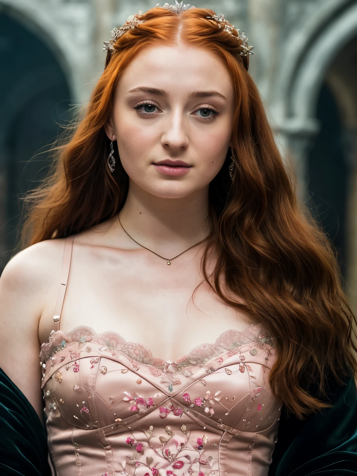 Foto RAW, Sansa Stark PLAYED BY SOPHIE TURNER Ned and Cat's oldest daughter. Demure and ladylike, her dream to marry Prince Joffrey. Her direwolf named Lady , Game of Thrones Series, (pele altamente detalhada: 1.2), 8k UHD, DSLR, soft-lighting, alta qualidade, grain of film, Fujifilm XT3