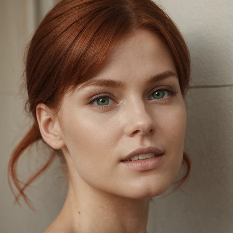 Girl with red hair, weiches, lockiges, intensiv rotes Haar, klare, real green eyes, lange dunkelschwarze echte Wimpern, Perfekt geformte dunkelschwarze echte Augenbrauen, dark caramel brown genuine leather, kurvige Figur, elegant thin real nose, kleine echte Ohren, volle echte Lippen, white real teeth, kleine, weiche, high resolution, Meisterwerk, best quality, komplizierte hohe Detailgenauigkeit, Sehr detailliert, scharfer Fokus, detaillierte Haut, realistische Hautstruktur, echte Hautstruktur, detaillierte Augen, Fachmann, wahres Leben, Fotorealismus, Fotografie, realistic Fotografie, UHD, Foto RAW