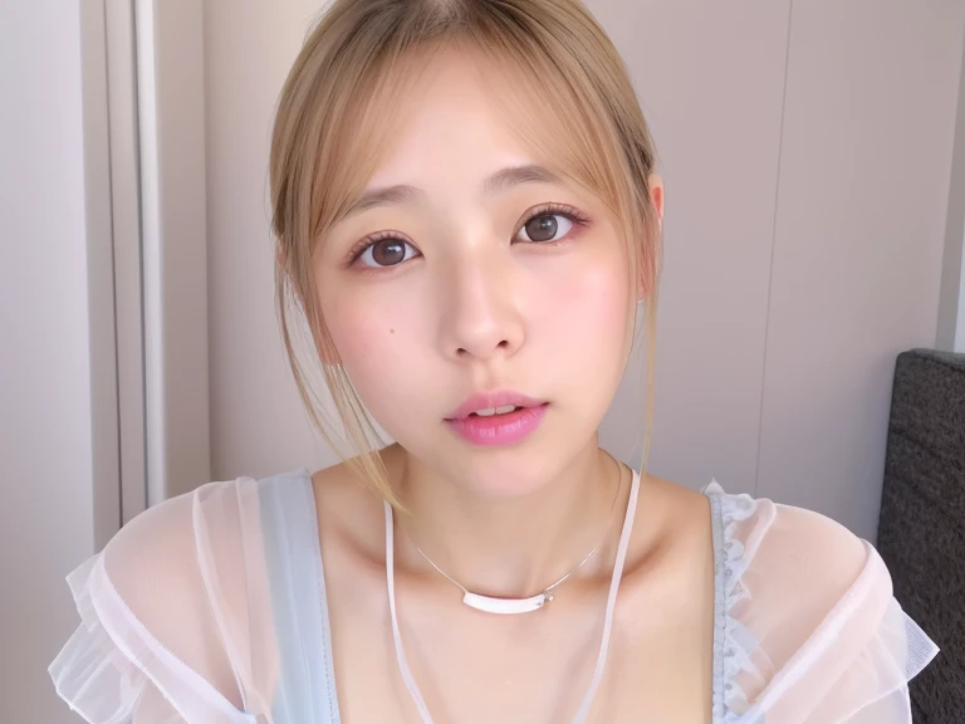 ((cute日本の女の子、beautiful japanese girl、1 girl、clear、19 years old、ponytail、bright purple swimsuit、Bright purple underwear、F cup、big breasts、Beautiful and well-shaped breasts、Highly detailed face and skin texture、refinement、super detailed face、highly detailed eyes、Lee Hong、blush、cheek、ピンクのcheekを塗ったcheek、close-up of woman、 from the neck up、 Close to the camera、 positive face、Forward-facing body、look at the camera、front、cute、smooth white skin、Transparent skin texture、))、(dark brown hair、bangs)、beautiful woman with perfect style:1.4、japanese model、young gravure idol、若いcuteグラビアアイドル、Realistic young gravure idol、refinementされたグラビアアイドル、((highest quality、8K、masterpiece:1.3、1photograph))、(4K、RAWphotograph、highest quality)、(realistic、フォトrealistic:1.37)、Place someone on the other side of the screen、Natural light、