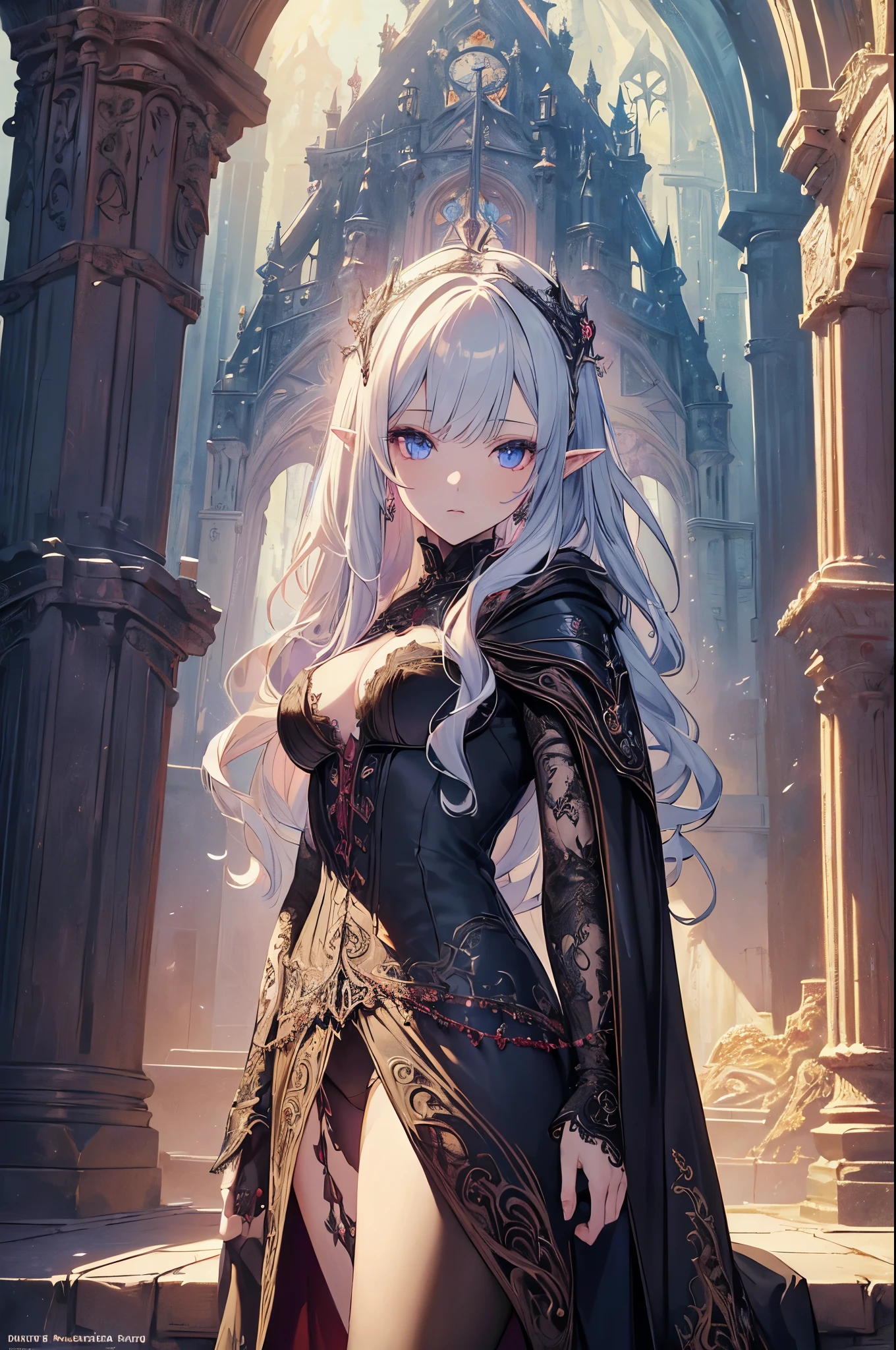 fantasy art, gothic art, (masterpiece:1.5), full body best details, highly detailed, best quality, Glowing Purple, highres, full body portrait of a vampire, elf (Masterpiece, best quality: 1.6), ultra feminine, wizard, (intricate details, Masterpiece, best quality: 1.5) with a long curvy hair, light color hair, blue eyes, (fantasy art, Masterpiece, best quality), ((beautiful delicate face)), Ultra Detailed Face (intricate details, fantasy art, Masterpiece, best quality: 1.5), [[vampiric fangs 1.5]] (red cloak: 1.3) , flowing cloak (intricate details, fantasy art, Masterpiece, best quality: 1.3), wearing an intricate black dress (intricate details, fantasy art, Masterpiece, best quality: 1.5), high heeled boots, urban background (intense details, beat details), fantasy, at night light, natural ,moon light, clouds, gothic atmosphere, soft light, dynamic light, [[anatomically correct]], high details, best quality, 8k, [ultra detailed], masterpiece, best quality, (extremely detailed), dynamic angle