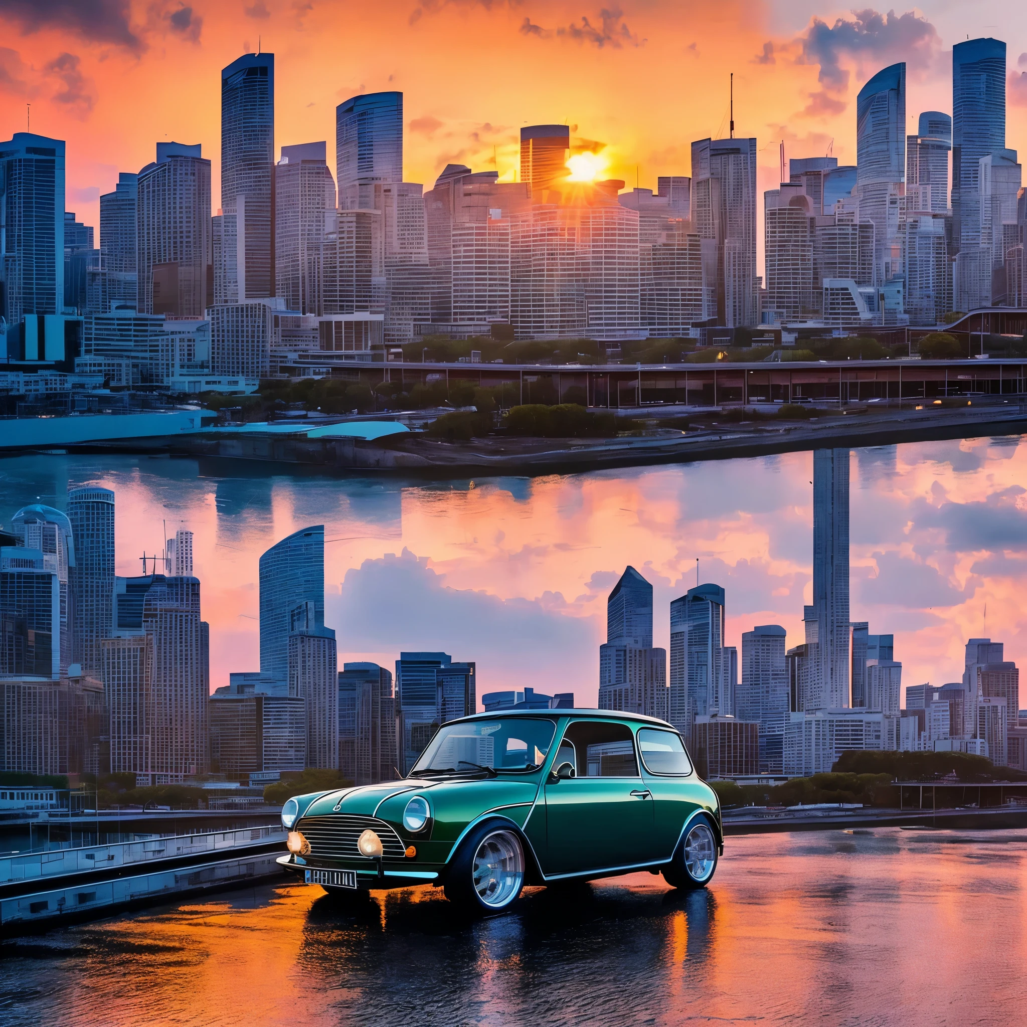 As the sun sets over the horizon, a 1970 bordeaux austin mini with larg wings and wheels chugs along the roads, its vibrant colors reflecting off the calm waters of the river below.  the enhanced details make every aspect of the car and its surroundings pop.