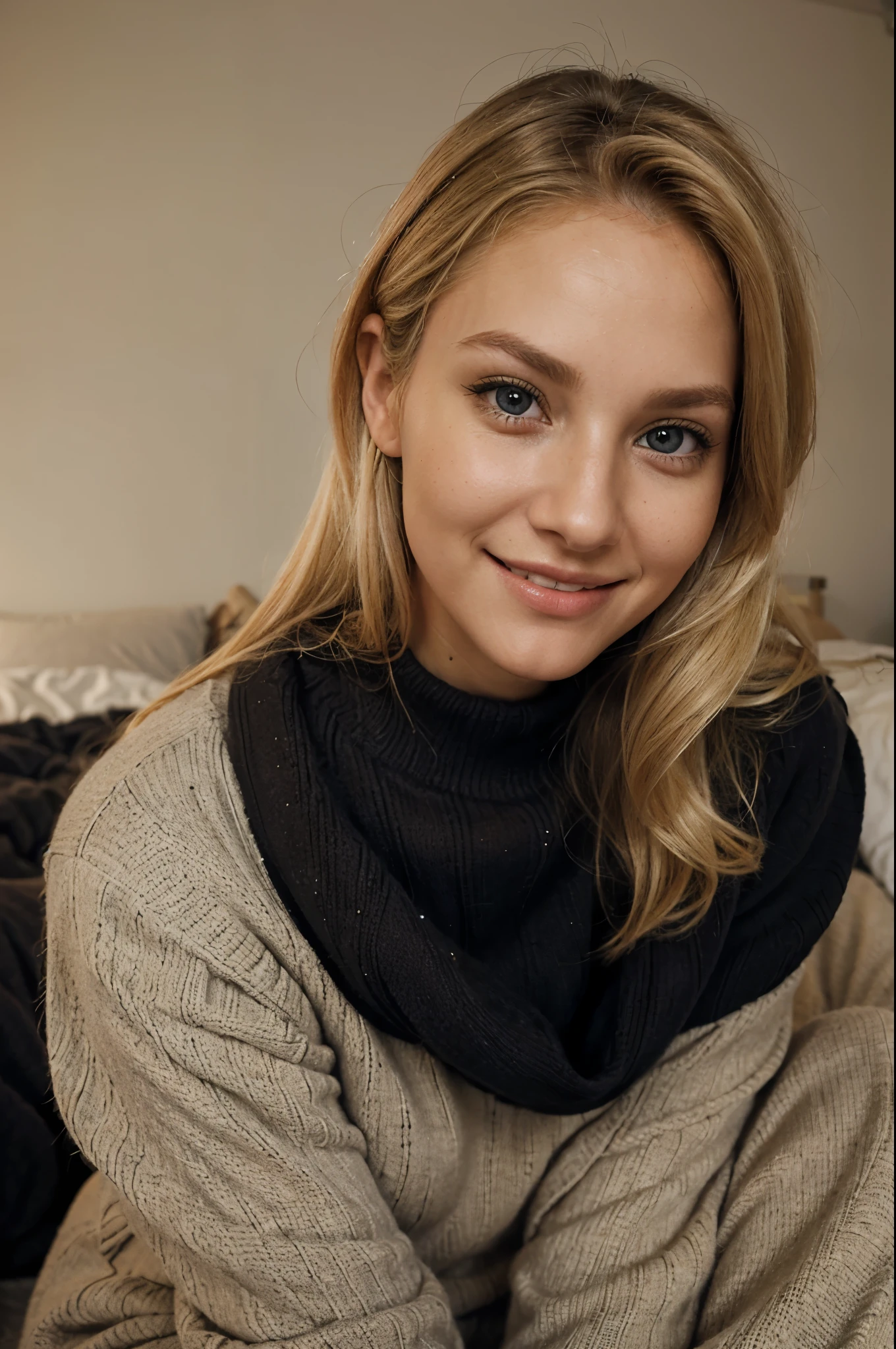 closeup selfie of a blonde woman, wearing black cozy sweater and trouser, brown eyes, beautiful eyes, medium blonde hairs, smiling and sitting in her bed room, realistic skin texture, realistic photography