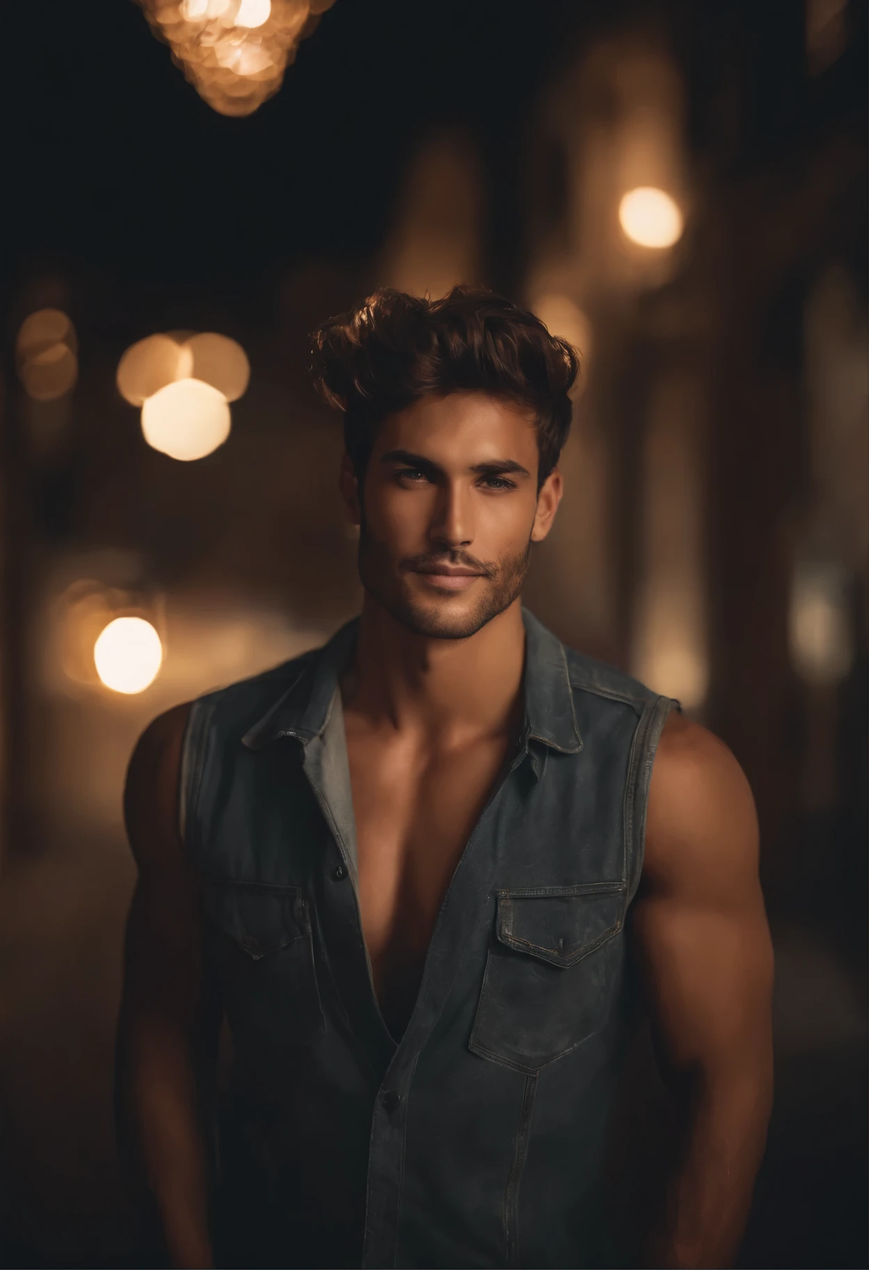 Cinematic soft lighting illuminates a beautiful Brazilian male model with stunning, ultra-realistic details, foto corporativa, plano medio, brazos cruzados ,hermoso aspecto, Short Brown Messy Hair, ojos claros de miel, Sonrisa encantadora perfecta,Sexy Creado,Hombre caliente,insanamente bonito,Esa es la tendencia de ArtStation。Octane is the perfect tool to capture the smoothest details of this 16k photographic masterpiece。