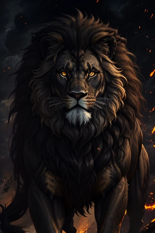 A mesmerizing digital art piece showcasing a bold and majestic black male lion. His powerful build and black fur shimmer with a radiant sheen, reflecting the golden rays of the sun. His big, fierce eyes gleam with a fierce determination and strength, exuding an aura of royalty and dominance. Every muscle in his toned body taut with power, ready to pounce at a moment's notice. His mane flows wildly in the wind, adding to his menacing and untamed appearance. The intricate details of every individual strand of fur, every hollow in his muscles, and every imperfection in his imperious countenance are captured in stunning detail, leaving the