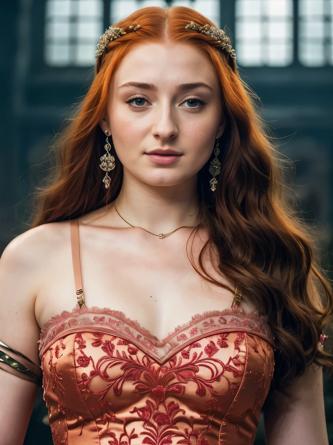 Foto RAW, Sansa Stark PLAYED BY SOPHIE TURNER Ned and Cat's oldest daughter. Demure and ladylike, her dream to marry Prince Joffrey. Her direwolf named Lady , Game of Thrones Series, (pele altamente detalhada: 1.2), 8k UHD, DSLR, soft-lighting, alta qualidade, grain of film, Fujifilm XT3