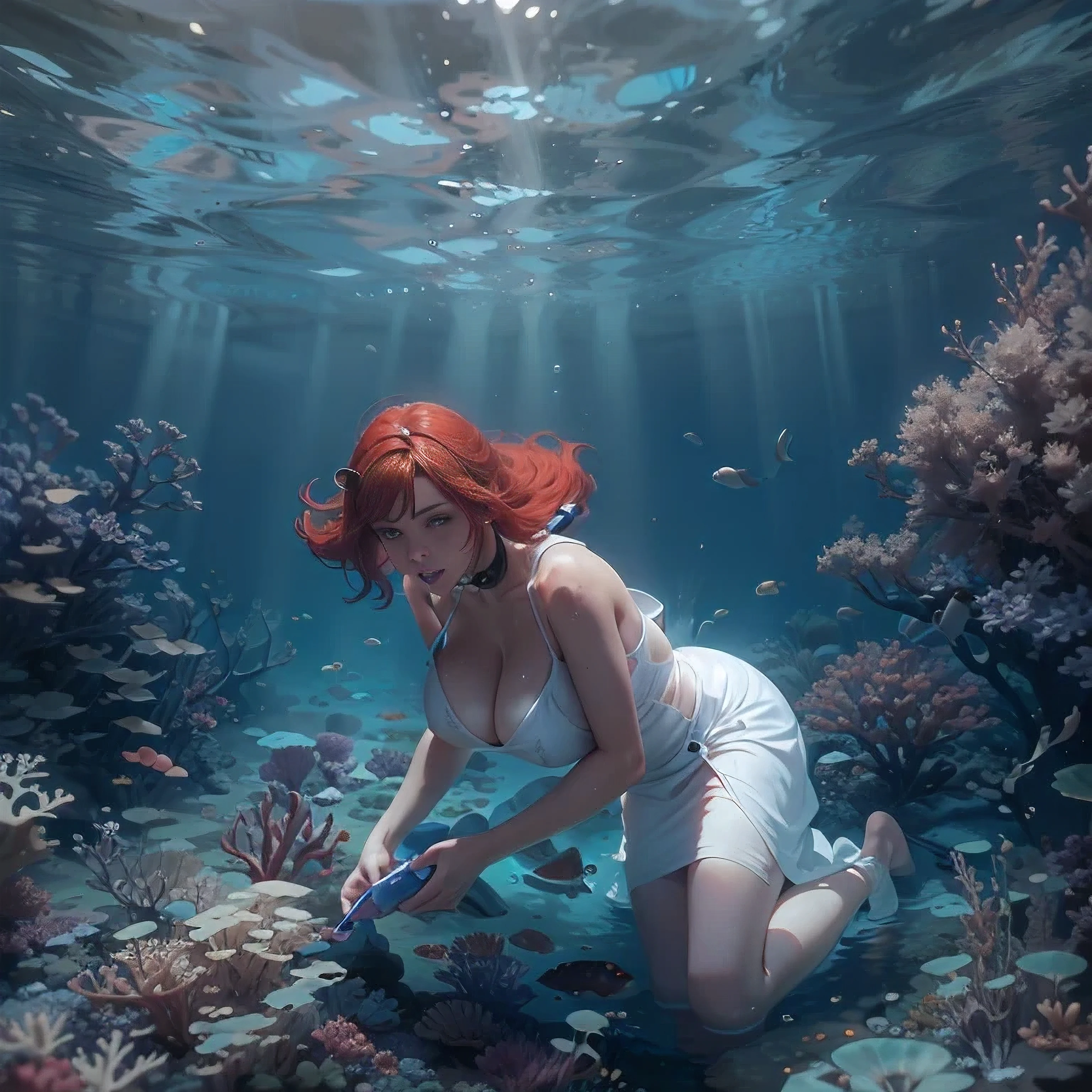 very nice redhead girl with enormous breasts plays with her satisfier toy underwater on the bottom of the ocean with loads of coral around her. She is wearing a white, very short dress that shines through underwater. she is wearing divers gear to stay underwater. photorealistic 1.4, naughty 1.4, dirty 1.2