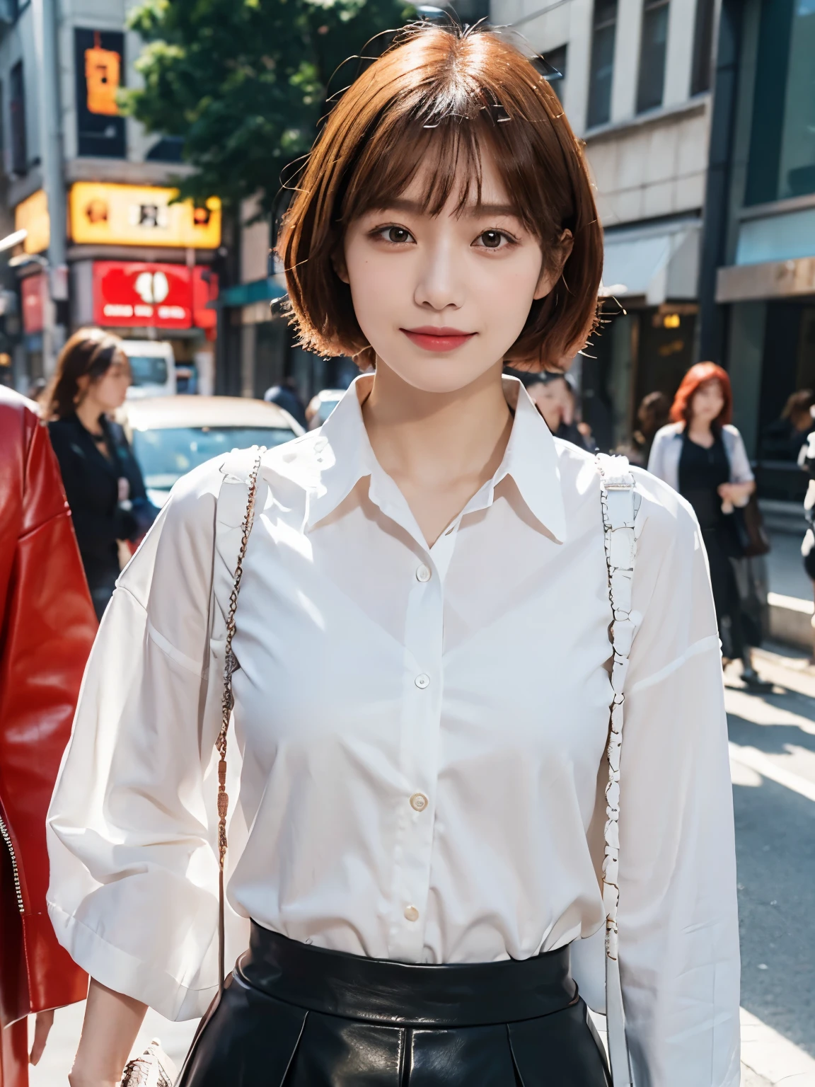 smile, Bewitching eyes, well-balanced eyes, //street snap //wearing chanel red setup leather suit, shirts, skirt//breast focus, ((facing viewer)), //at the street, //japanese lady, pale skin, //droopy eyes,//short orange hair, //((standing)), high quality:1.3, Professional lighting:2.0 realistic:1.2, 4k resolution, detailed skin, masterpiece:1.1