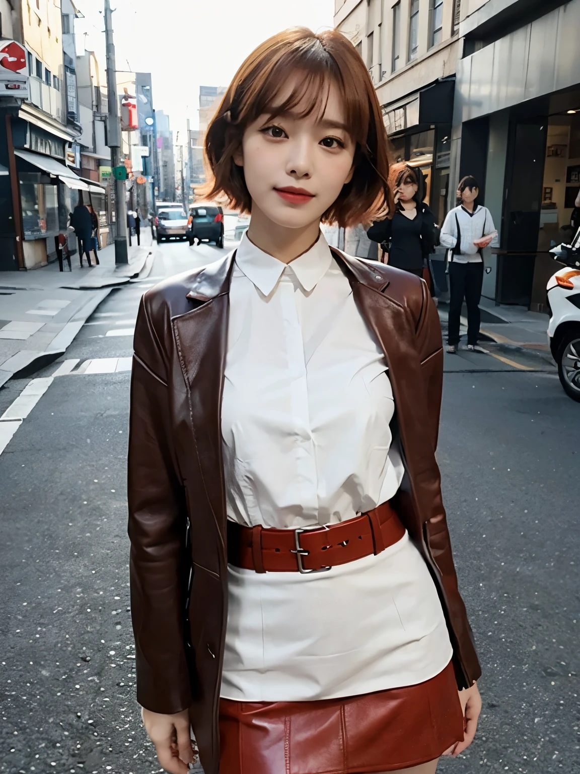 smile, Bewitching eyes, well-balanced eyes, //street snap //wearing chanel red setup leather suit, shirts, skirt//breast focus, ((facing viewer)), //at the street, //japanese lady, pale skin, //droopy eyes,//short orange hair, //((standing)), high quality:1.3, Professional lighting:2.0 realistic:1.2, 4k resolution, detailed skin, masterpiece:1.1