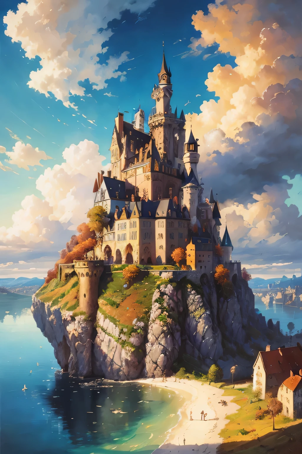 dreamlikeart absurd masterpiece high resolution best quality Alois Arnegger Antoine Blanchard city castle forest sea sky clouds