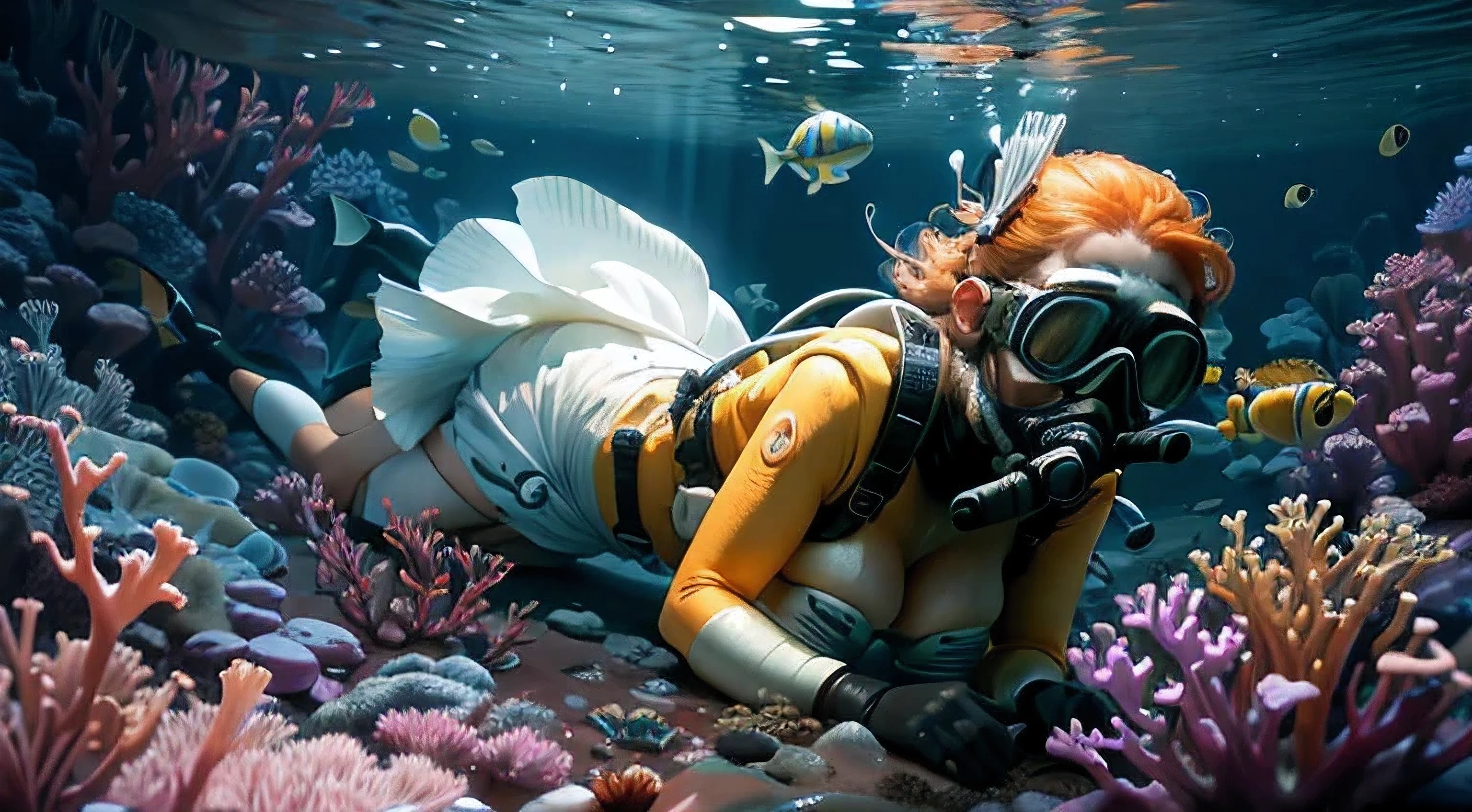 (Masterpiece, Best Quality:1.3), highres, (8k resolution), (ultra-detailed:1.1), madgod, stop motion, very nice redhead girl with enormous breasts plays with her satisfier toy underwater on the bottom of the ocean with loads of coral around her. She is wearing a white, very short dress that shines through underwater. she is wearing divers gear to stay underwater. photorealistic 1.4, naughty 1.4, dirty 1.2