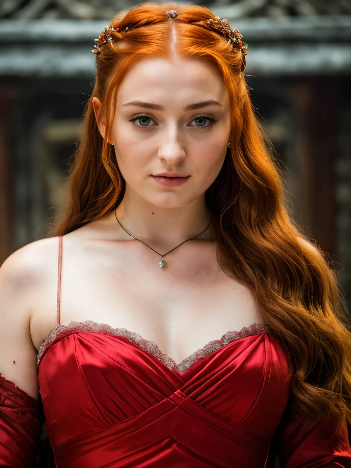 Foto RAW, Sansa Stark PLAYED BY SOPHIE TURNER Ned and Cat's oldest daughter. Demure and ladylike, her dream  to marry Prince Joffrey. Her direwolf  named Lady , Game of Thrones Series, (pele altamente detalhada: 1.2), 8k UHD, DSLR, soft-lighting, alta qualidade, grain of film, Fujifilm XT3