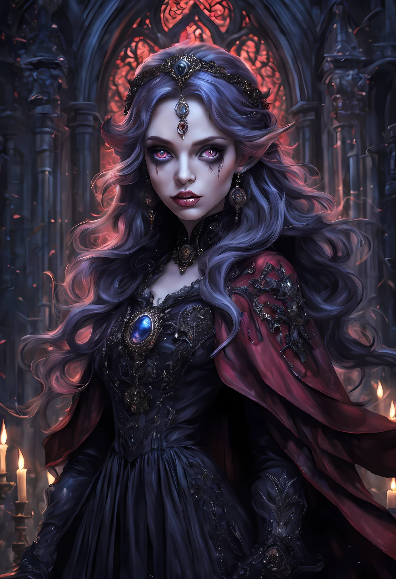 a picture of an exquisite beautiful female vampire standing under the starry night sky on the porch of her castle, dynamic angle (ultra detailed, Masterpiece, best quality), ultra detailed face (ultra detailed, Masterpiece, best quality: 1.4), ultra feminine, grey skin, red hair, wavy hair, dynamic eyes color, cold eyes, glowing eyes, intense eyes, dark red lips, [fangs], wearing white dress (ultra detailed, Masterpiece, best quality: 1.5), wearing blue cloak (ultra detailed, Masterpiece, best quality: 1.4), long cloak, flowing cloak (ultra detailed, Masterpiece, best quality), wearing high heeled boots,  sky full of stars background, fantasy_night, moon, bats flying about (high details, best quality, 8k, [ultra detailed], masterpiece, best quality, (ultra detailed), full body, ultra wide shot, photorealism, dark fantasy art, dark fantasy art, gothic art, many stars, dark fantasy art, gothic art, sense of dread,
