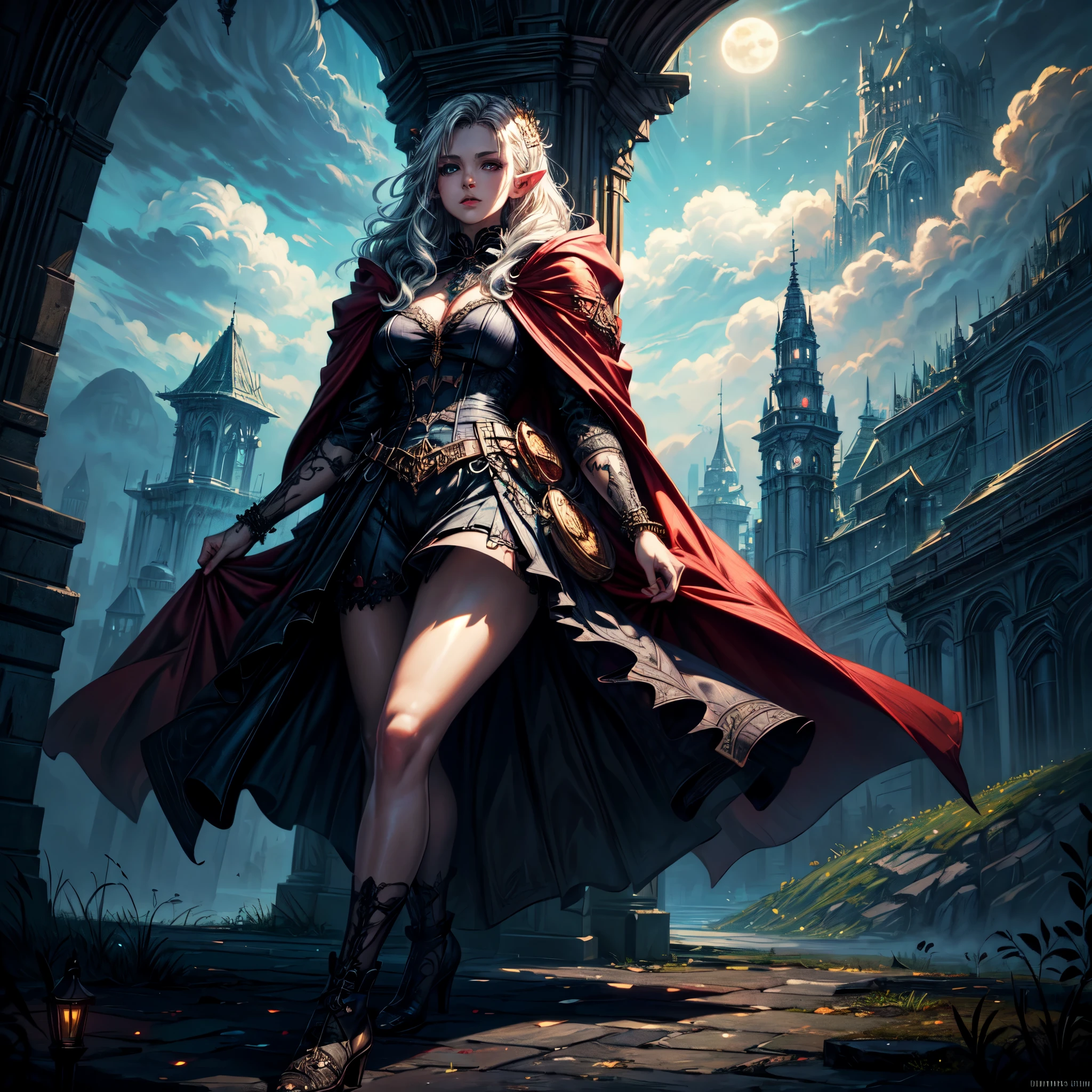 fantasy art, gothic art, (masterpiece:1.5), full body best details, highly detailed, best quality, Glowing Purple, highres, full body portrait of a vampire, elf (Masterpiece, best quality: 1.6), ultra feminine, wizard, (intricate details, Masterpiece, best quality: 1.5) with a long curvy hair, light color hair, blue eyes, (fantasy art, Masterpiece, best quality), ((beautiful delicate face)), Ultra Detailed Face (intricate details, fantasy art, Masterpiece, best quality: 1.5), [[vampiric fangs 1.5]] (red cloak: 1.3) , flowing cloak (intricate details, fantasy art, Masterpiece, best quality: 1.3), wearing an intricate black dress (intricate details, fantasy art, Masterpiece, best quality: 1.5), high heeled boots, urban background (intense details, beat details), fantasy, at night light, natural ,moon light, clouds, gothic atmosphere, soft light, dynamic light, [[anatomically correct]], high details, best quality, 8k, [ultra detailed], masterpiece, best quality, (extremely detailed), dynamic angle