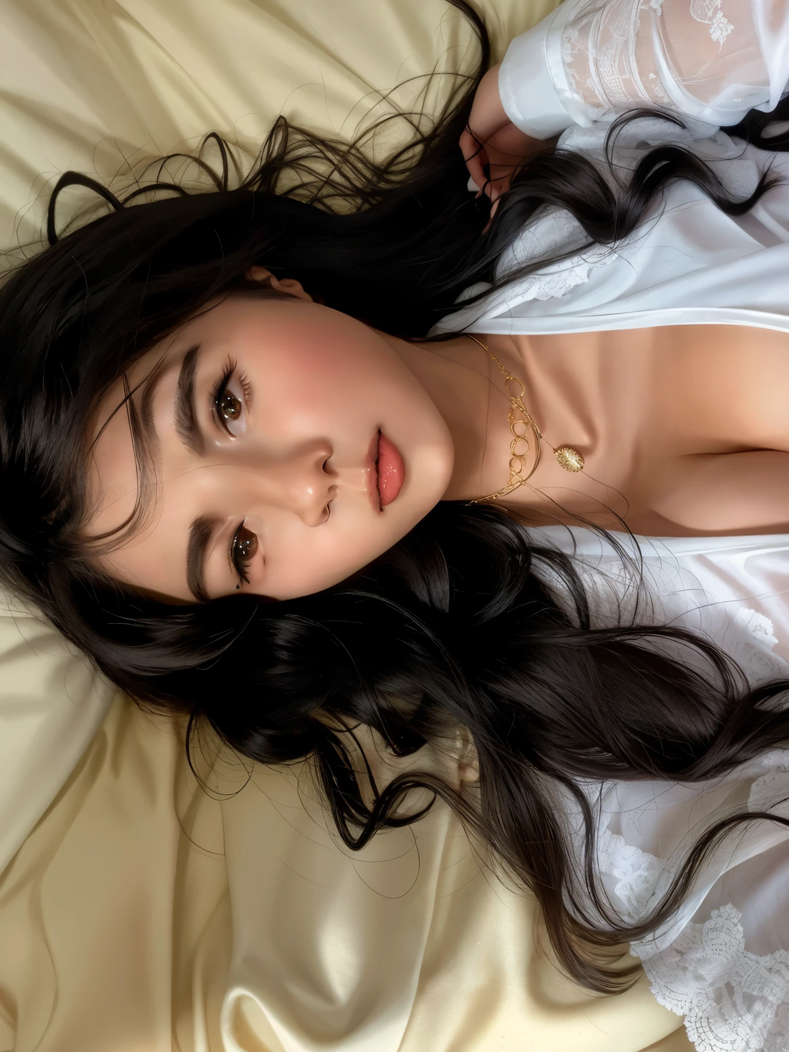 araffe woman laying on a bed with a white shirt and a necklace, sultry look, glowy, aesthetic portrait, 🤤 girl portrait, with long hair and piercing eyes, gorgeous latina face, soft devil queen madison beer, detailed face of a asian girl, dark hair and makeup, clear lips and high quality, sultry expression, very pretty face
