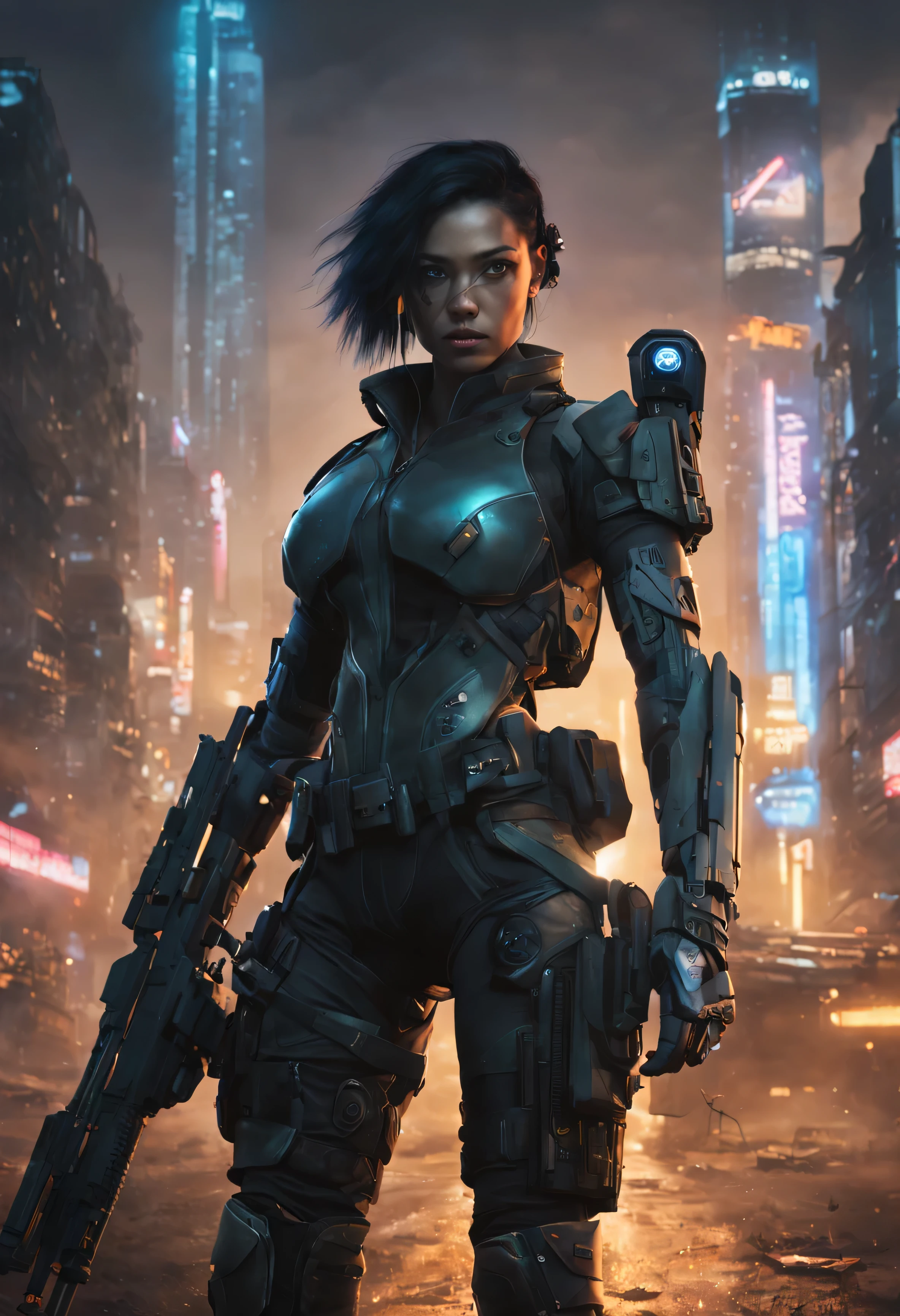 Create a breathtaking CG Unity 16K wallpaper that unfolds the story of "Avatar Evolution: Cybernetic Vanguard" in a dystopian cyberpunk future. Achieve extreme detail through a 16K resolution, grounding the composition in raw photography for a realistic foundation (1.2), and elevating the realism with professional photos for photorealistic elements (1.3). Infuse cinematic lighting to craft a dramatic atmosphere, utilizing depth of field and sharp focus for visual impact. Dive into the cyberpunk theme (1.4) as you portray the evolution of a female soldier-cyborg in a dynamic cowboy shot (front view: 1.5). Express determination with an expressionless face, intricately detailing features like short black hair, oil-tanned skin, and bright, dark eyes. Illustrate the character's progression from human to cyborg, taking cover and skillfully wielding a large blaster rifle (1.5). Clothe the avatar in a camouflaged combat uniform (1.4), combining it with armored and partially mechanical body parts (1.3) while maintaining a slender build with medium-sized breasts (1.3). Situate the scene outdoors in the evening within a futuristic cityscape marked by destroyed buildings and ruins (1.4), ensuring the environment mirrors the character's evolution and reflects the harsh realities of a cyberpunk world. This composition aims to be an epitome of creativity, seamlessly blending realism, cinematic style, and a captivating narrative of a cybernetic vanguard's transformation.